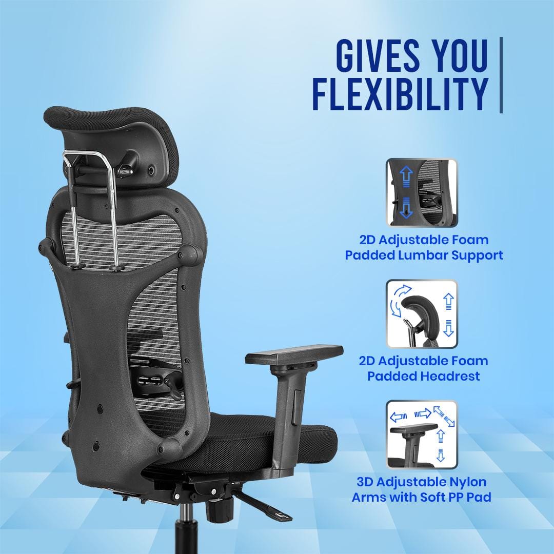 Vertex High Back Mesh Office Chair with Headrest in Black Colour