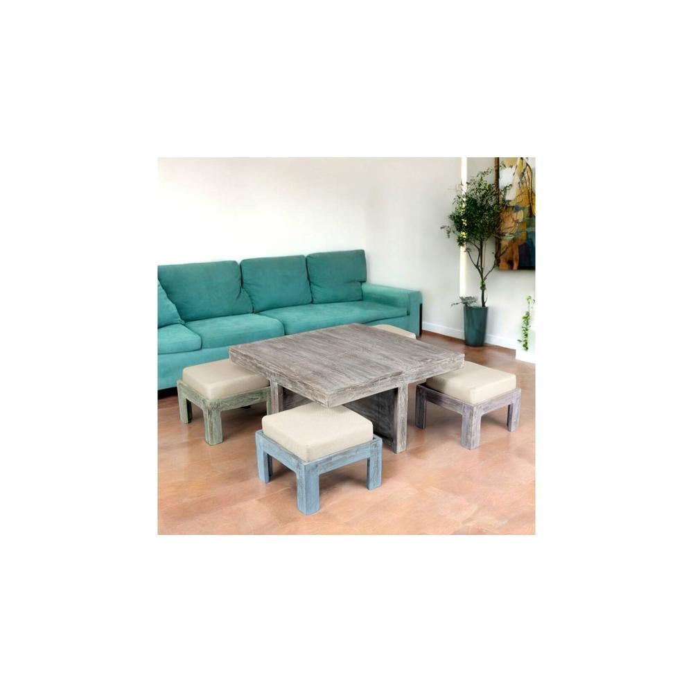Blane Sheesham Wood Country Side Coffee Table Set With 4 Stools In Antique Multicolour Finish
