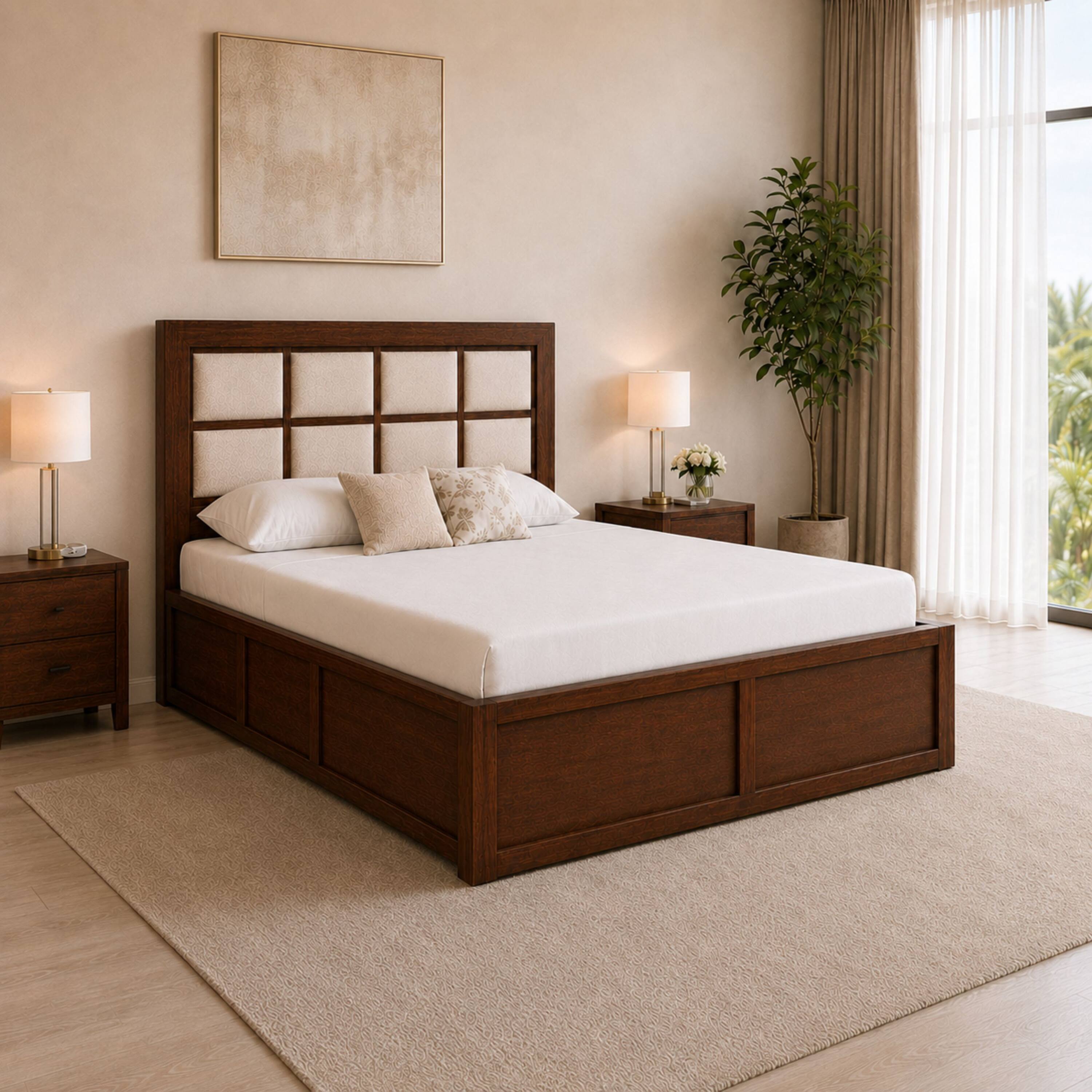 Shilp Solid Wood Compact Queen Bed Hydraulic Storage Provincial Teak Finish Mattress 60 x 72 Inches - Globally Indian