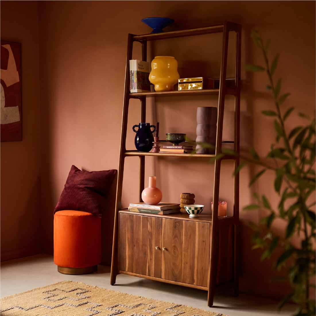 Noah Solid Wood Bookshelf with Storage Unit in Teak Finish - Orange Tree