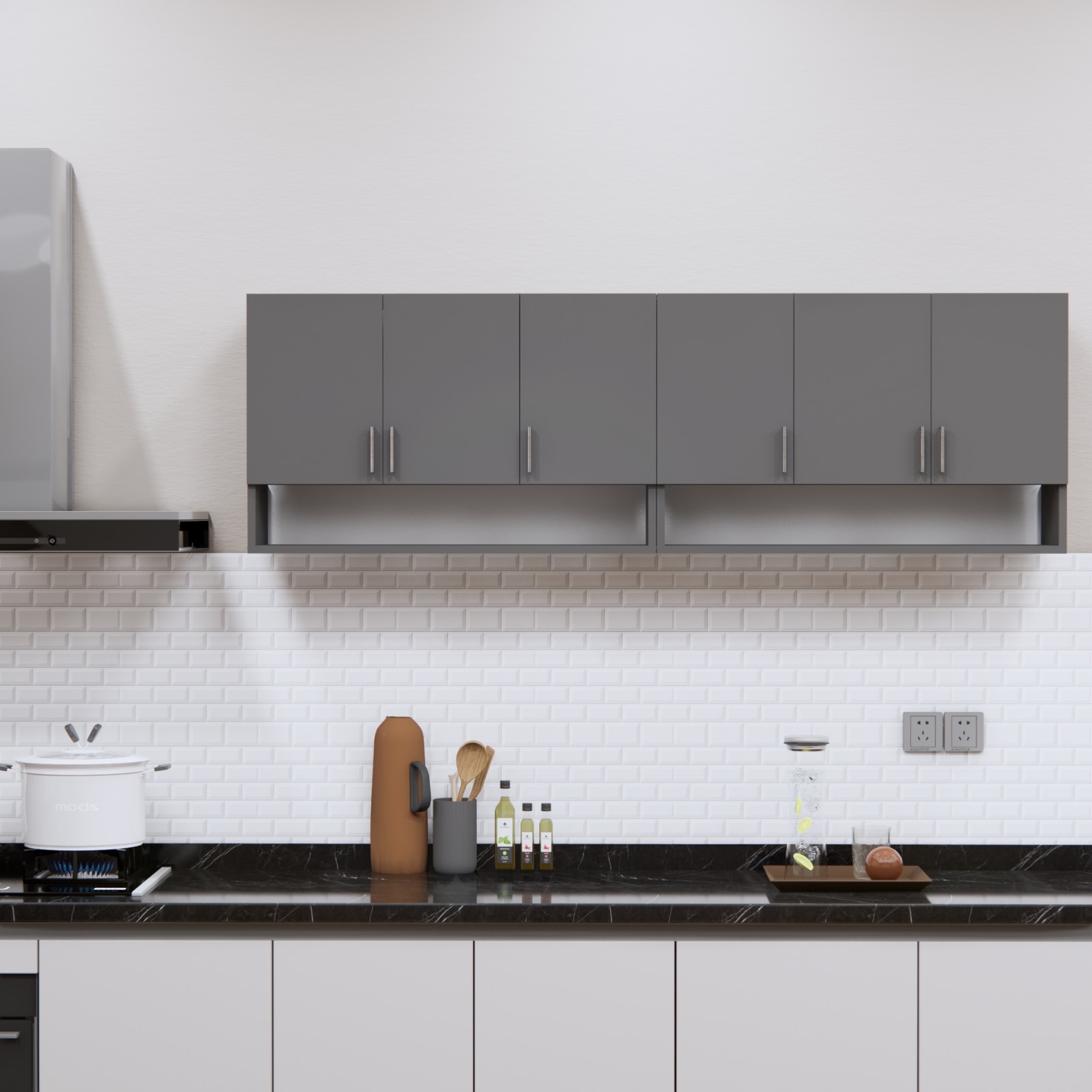 6 Doors Modular Wall Mounted Kitchen Cabinet With Organizer Shelf In Slate Grey Finish - Speciality Panels