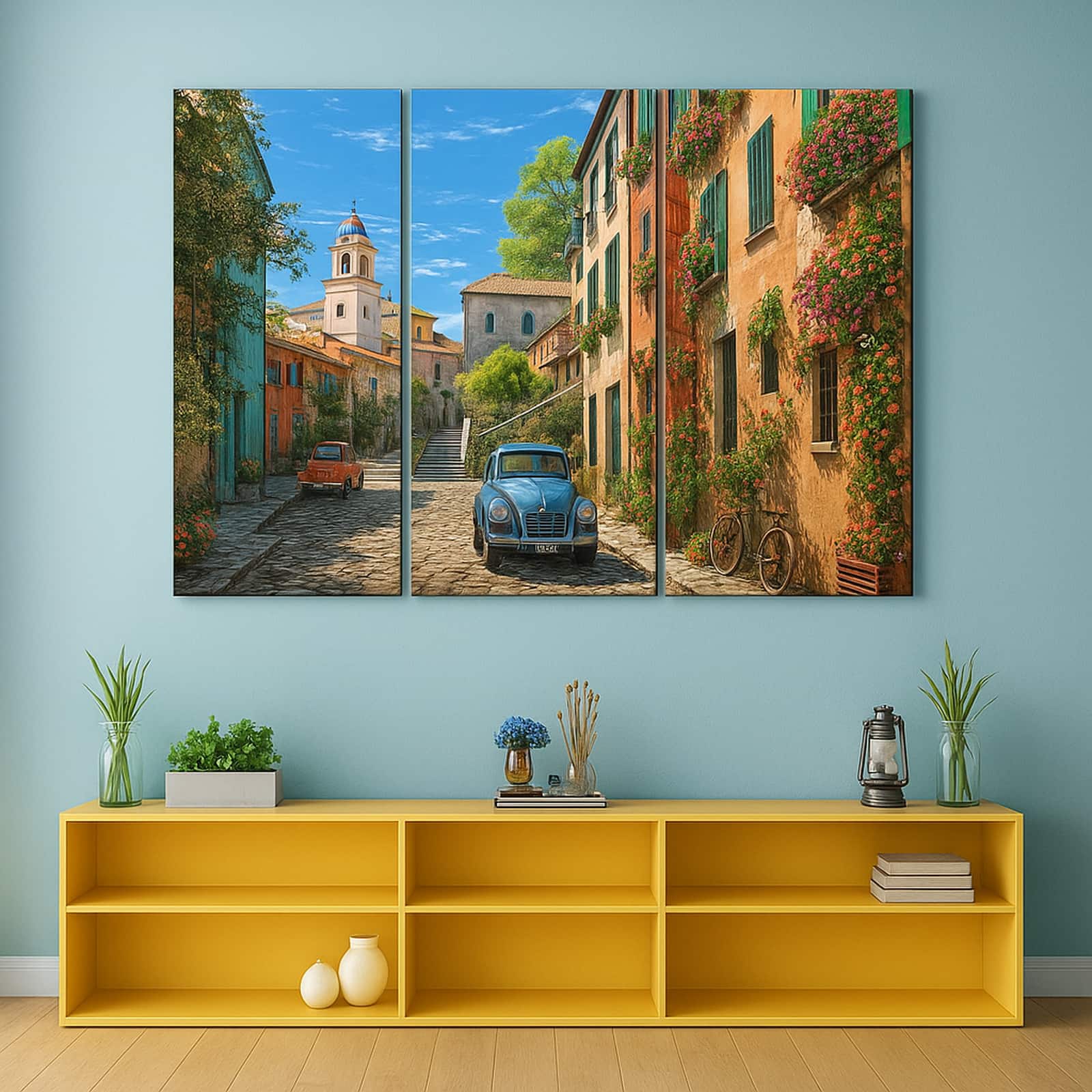 Truss Green Blue Pieces Mediterranean Morning Canvas Canvas Wall Prints Set of 3 Multicolor Matte