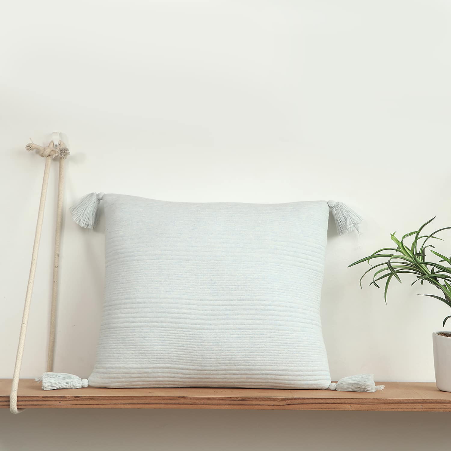 Streak Blue Melange Quilted Cushion Cover With Tassels 18X18 Inches