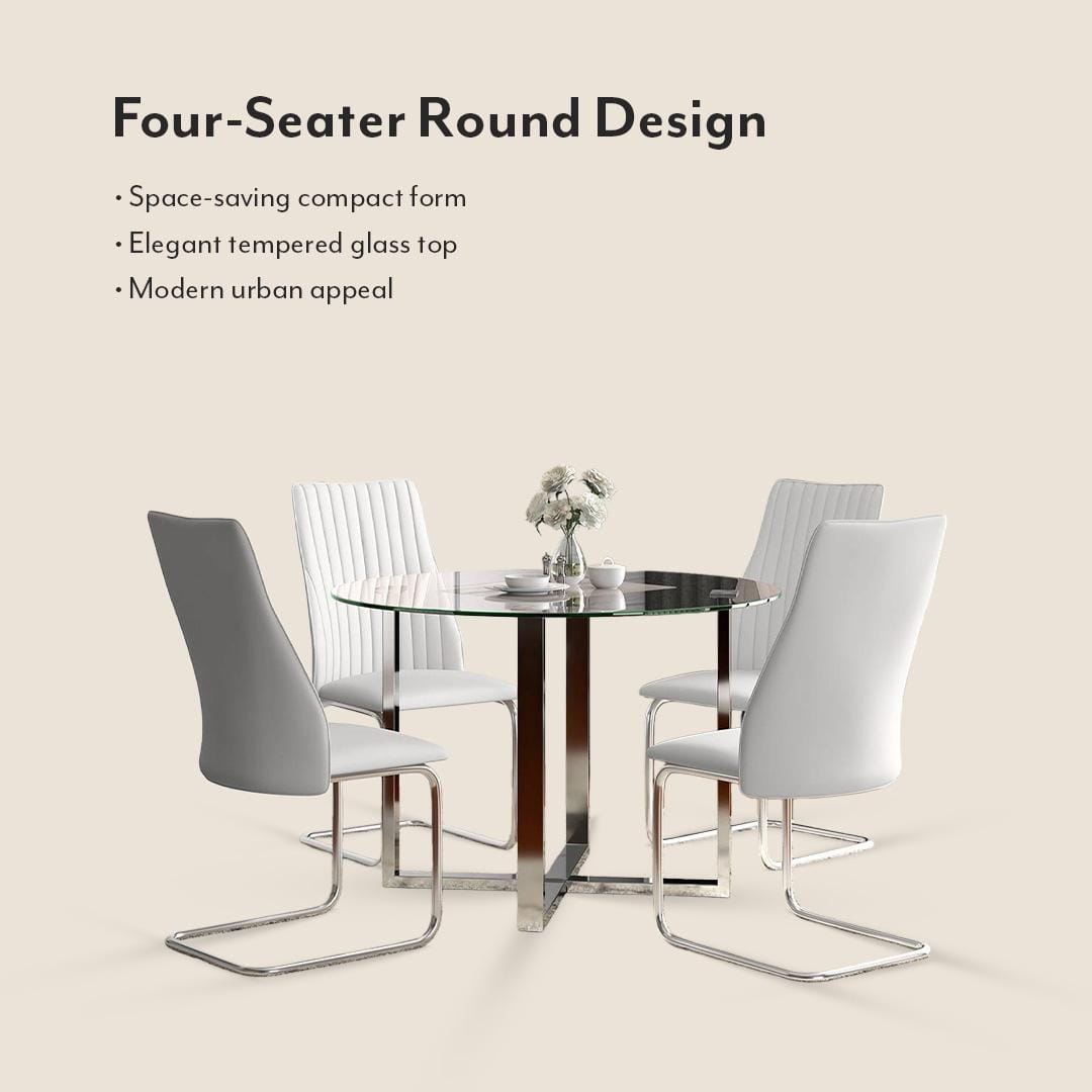 Sanchez 4 Seater Round Table With Set Of 4 Ingrid Dining Chairs (Finish- White)