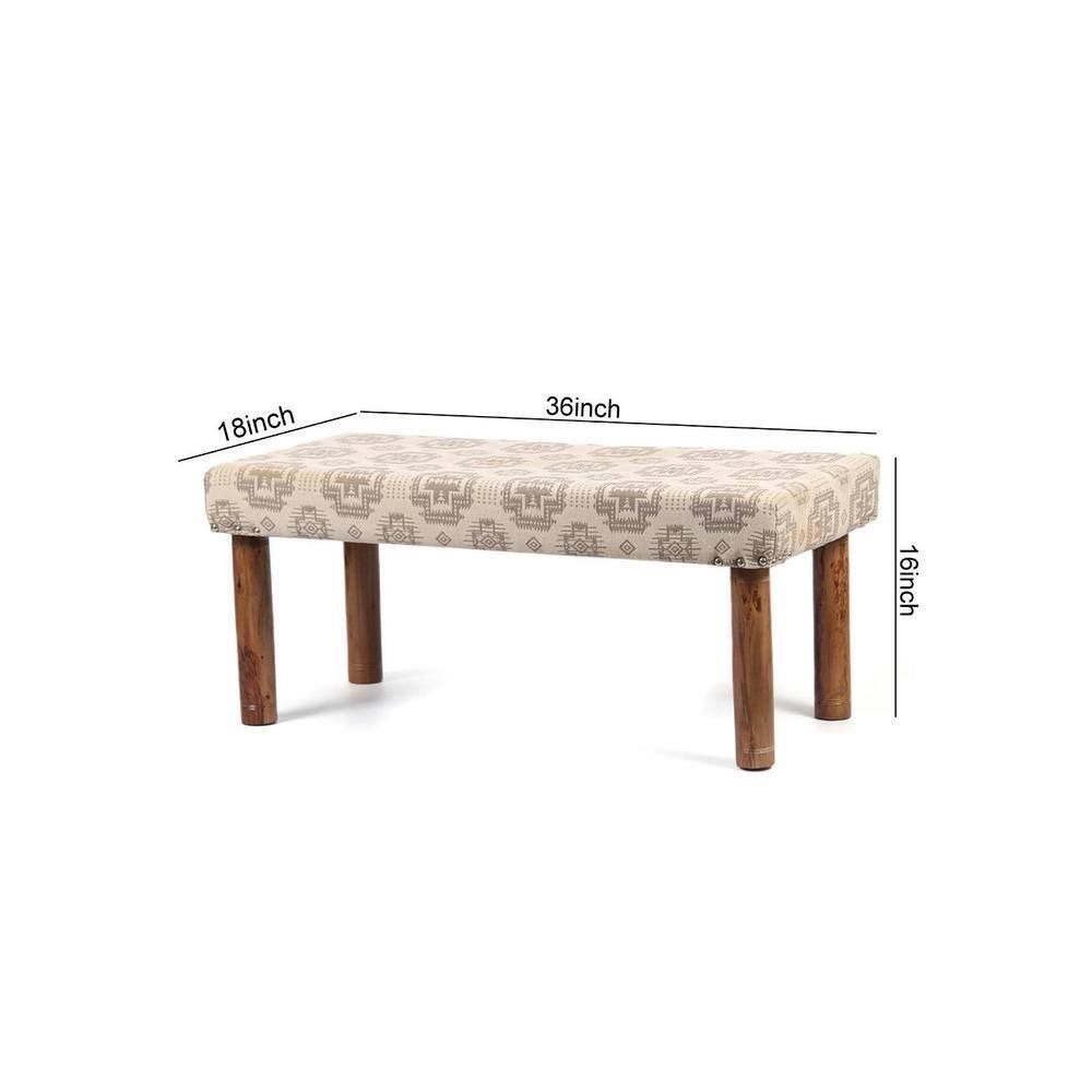 Camilla Solid Wood 2 Seater Bench In Grey Traditional Motif Design Jackard Fabric