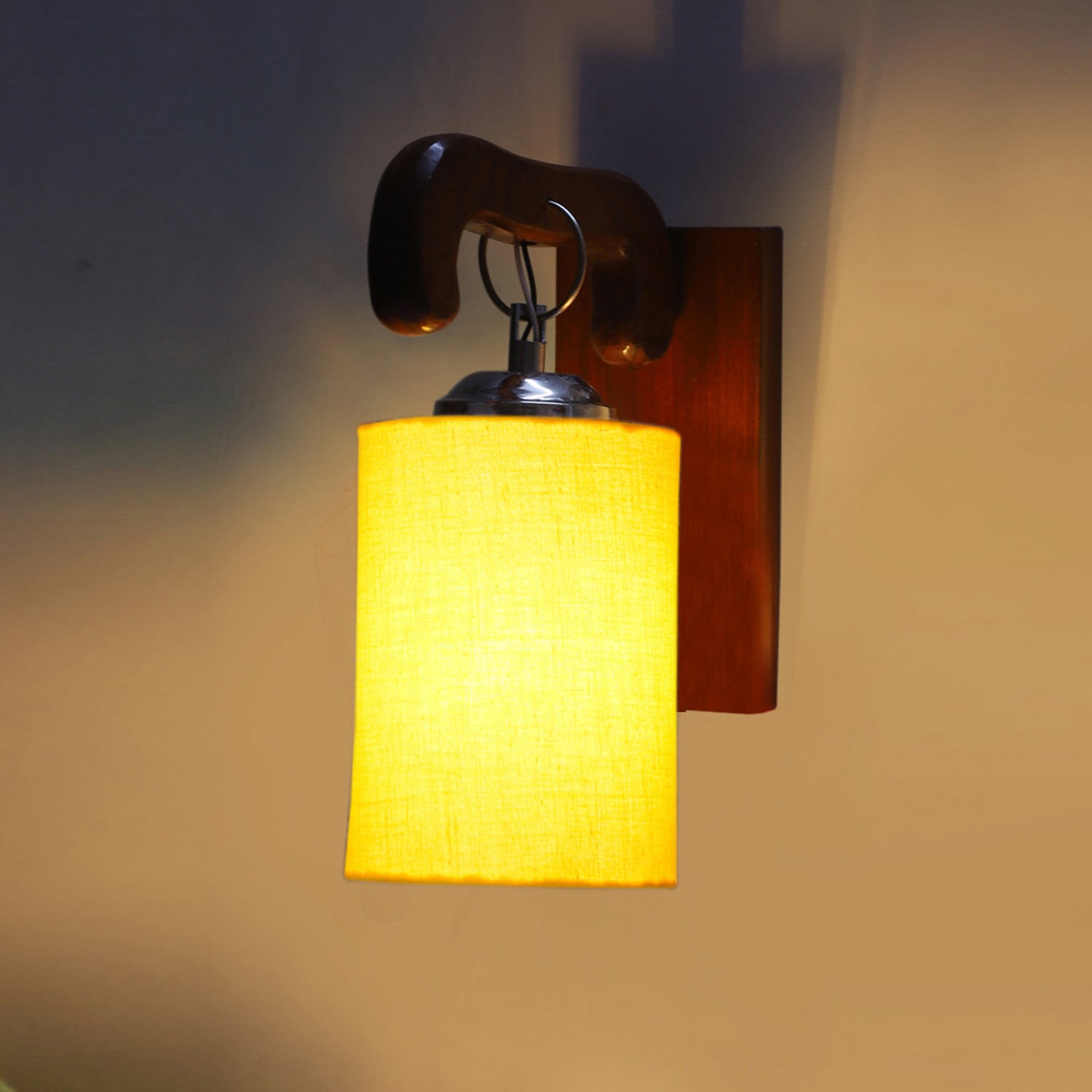 Devansh Solid Wood Electric Wall Light in Brown Colour with Yellow Shade Count of 1 Light - Devansh