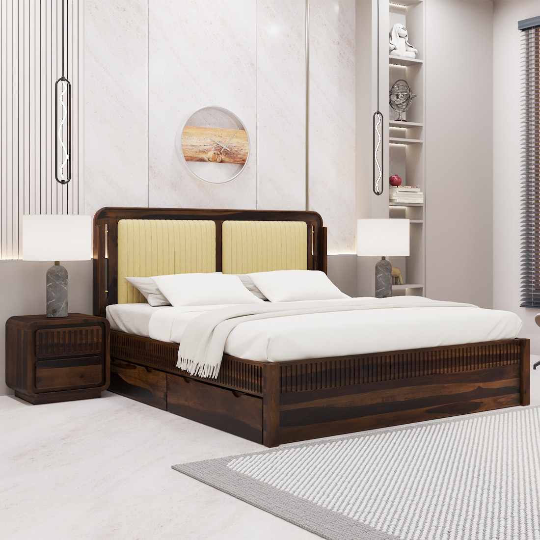 Lotus Solid Wood Queen  Size Upholstered Bed With Drawer Storage (Provincial Teak Finish) - Woodenmood