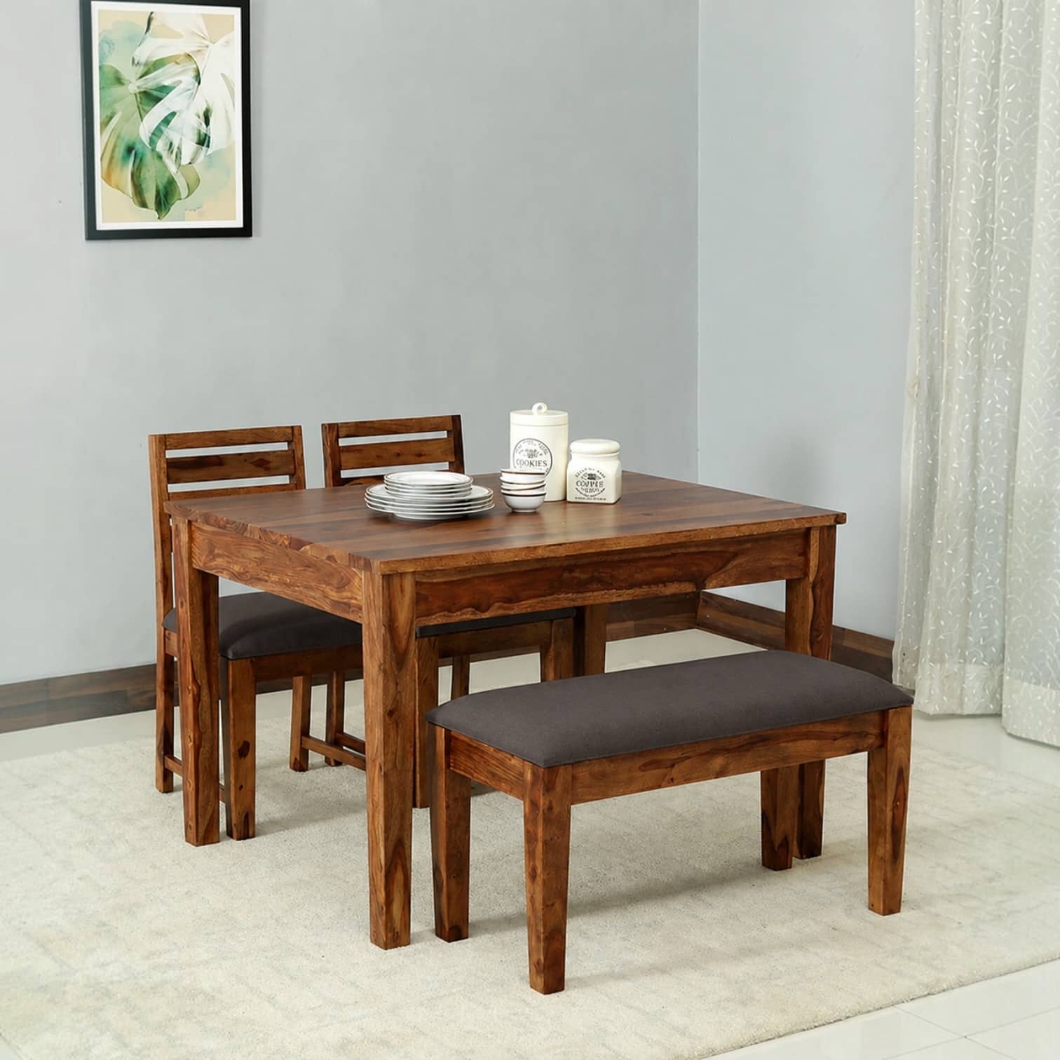 Arbor 4 Seater Dining Set with Cushioned Bench in Dark Grey Colour - Interior Valley
