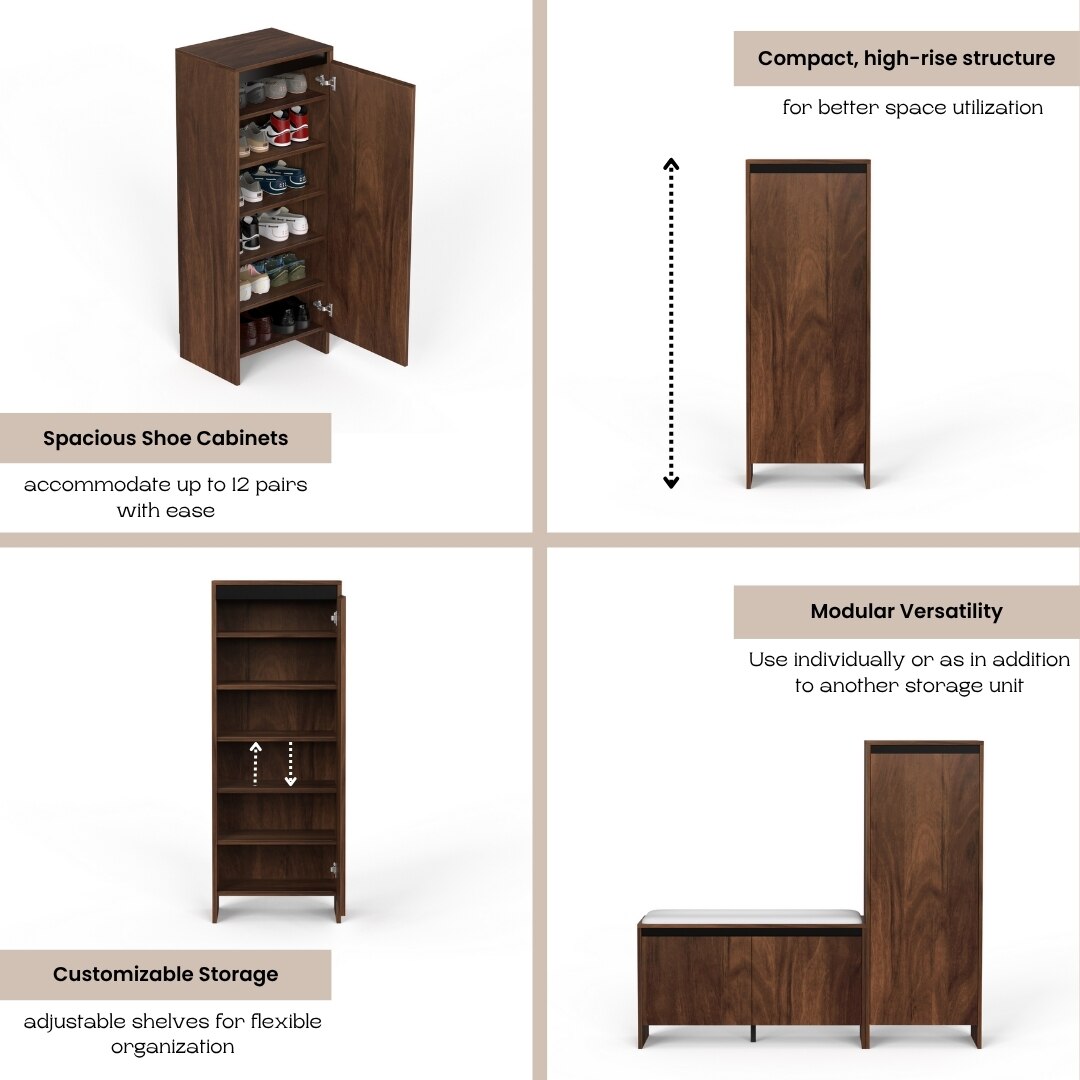 BLUEWUD Mavis Tall Multipuporse Wooden Shoe Rack, Storage Books & File Cabinet Organizer, Slipper Footwear Stand with Handleless Design for Living Room Home, Upto 12-14 Pairs DIY (Brown Maple)
