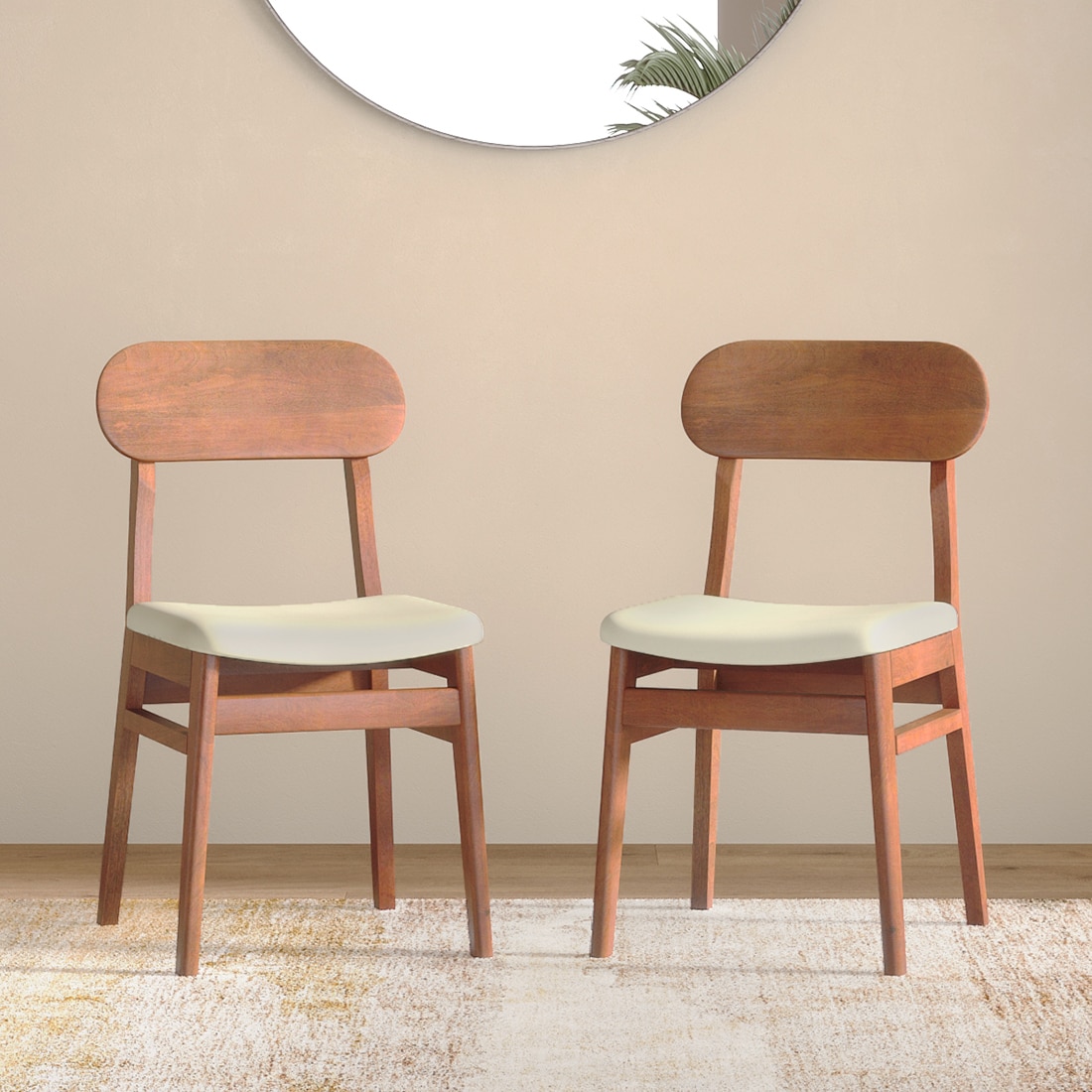 Lunar Solid Wood Dining Chair Set of 2 In Honey Finish With Ancient Ivory Cream Leatherette Colour