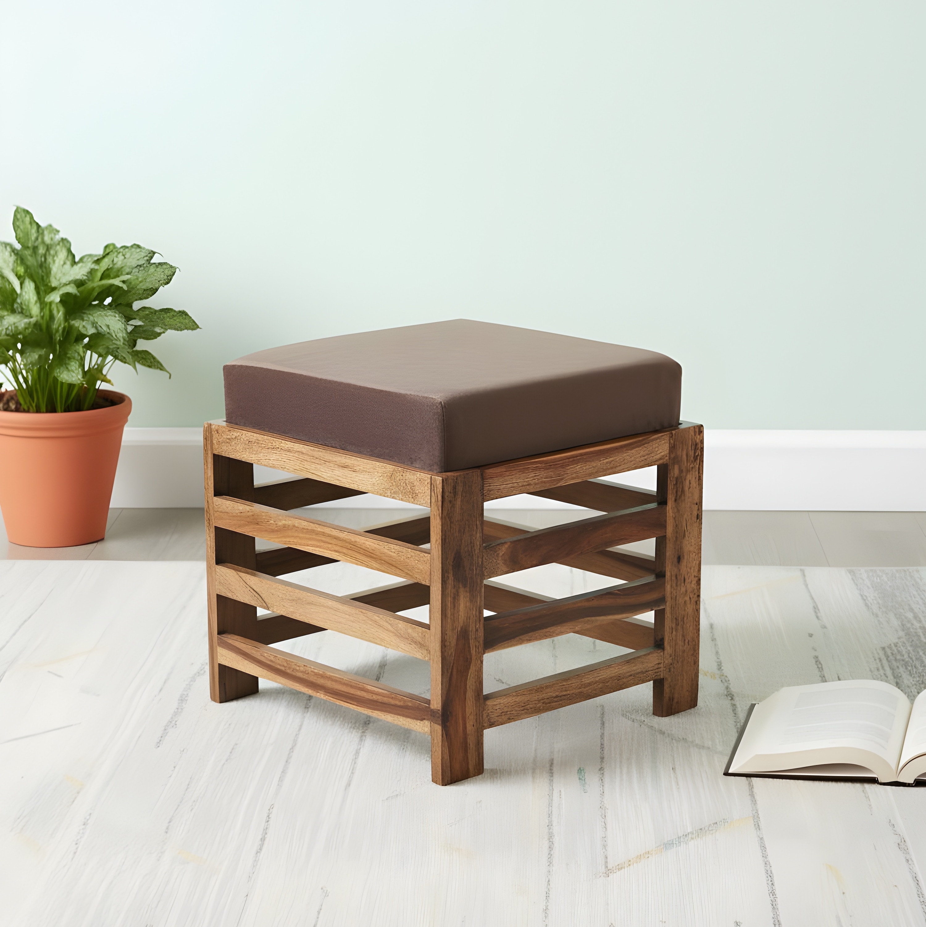 Houston Sheesham Wood Contemporary Set of 2 Stools in Cedar Brown Velvet, Teak Finish