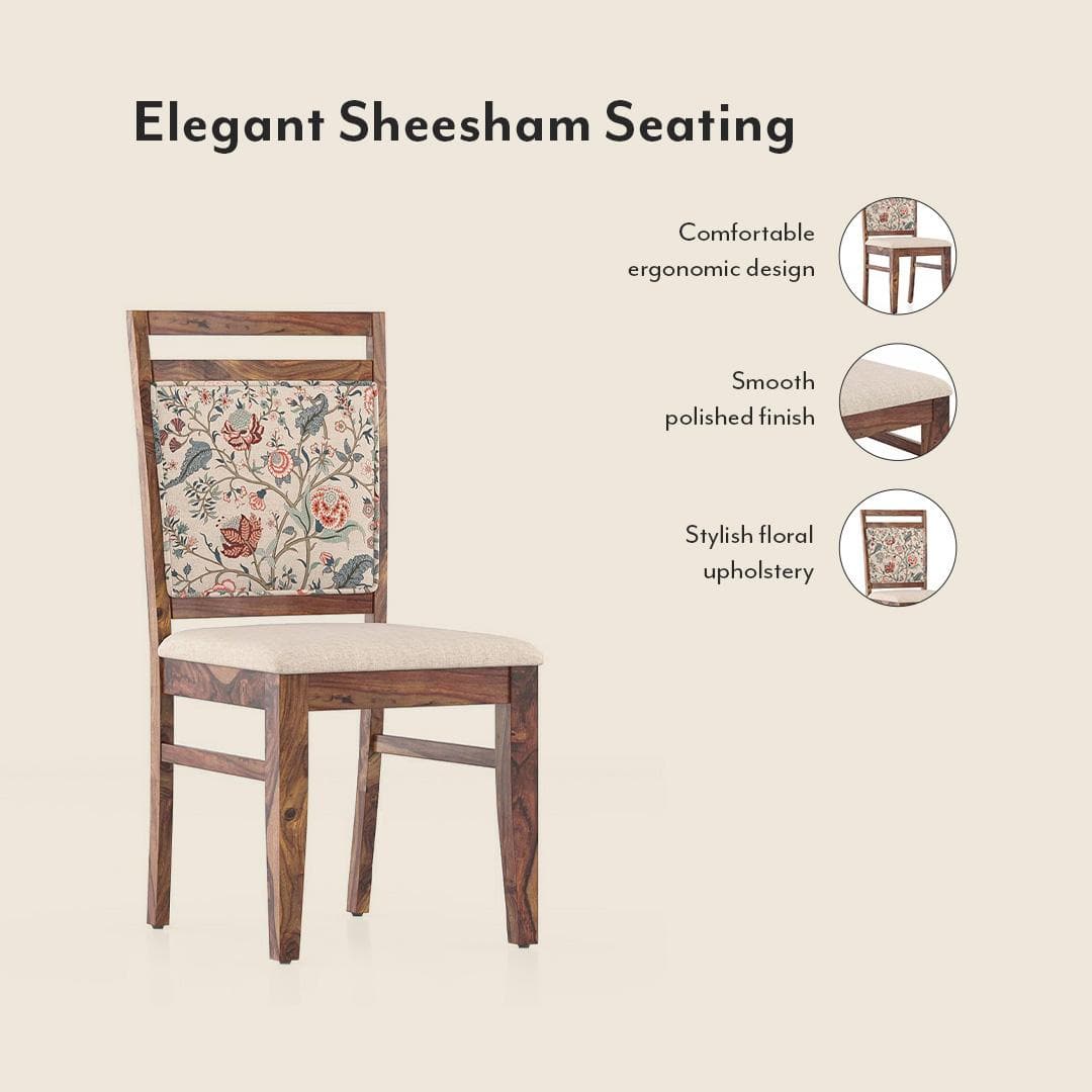 Fidora 4 Seater Dining Table With Set Of 4 Alaine Dining Chairs (Colour- Calico Floral Retreat & Pony Beige, Finish- Teak)