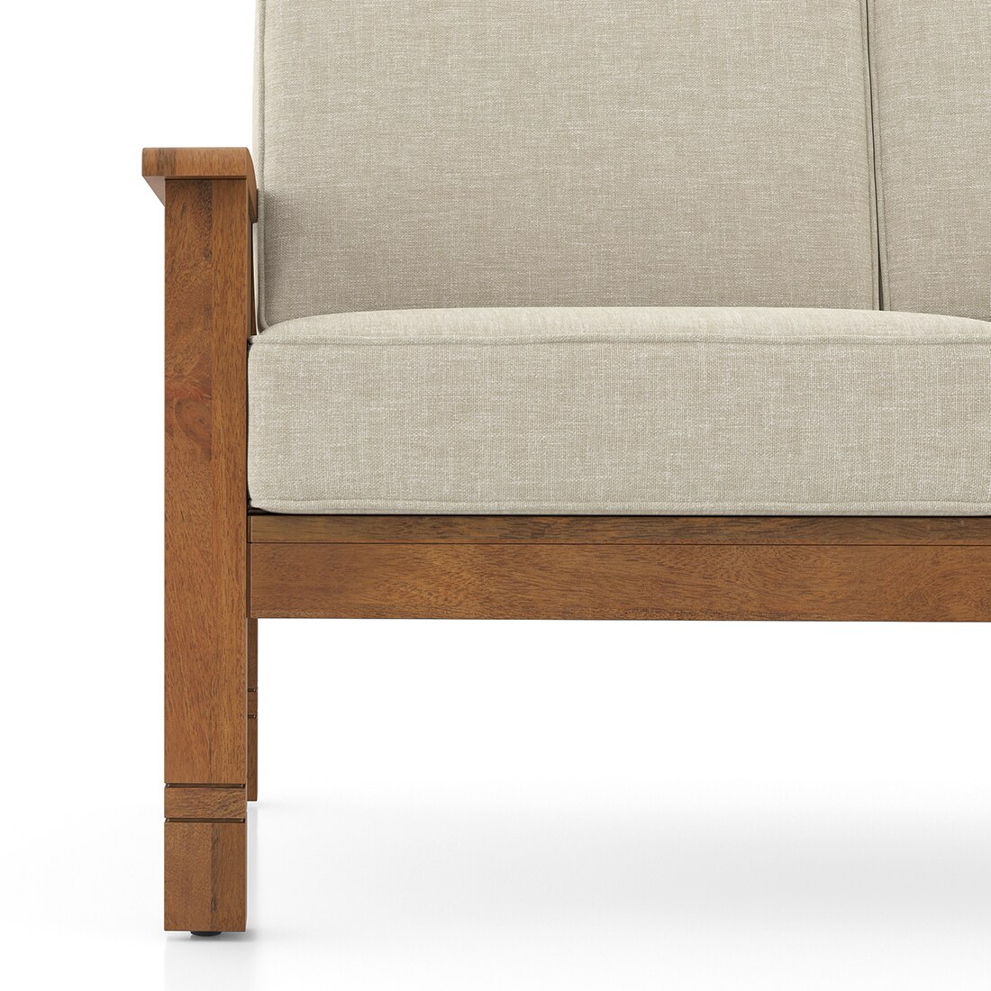 Raynor 2 Seater Wooden Sofa, Finish- Amber Walnut, Fabric- Macadamia Brown