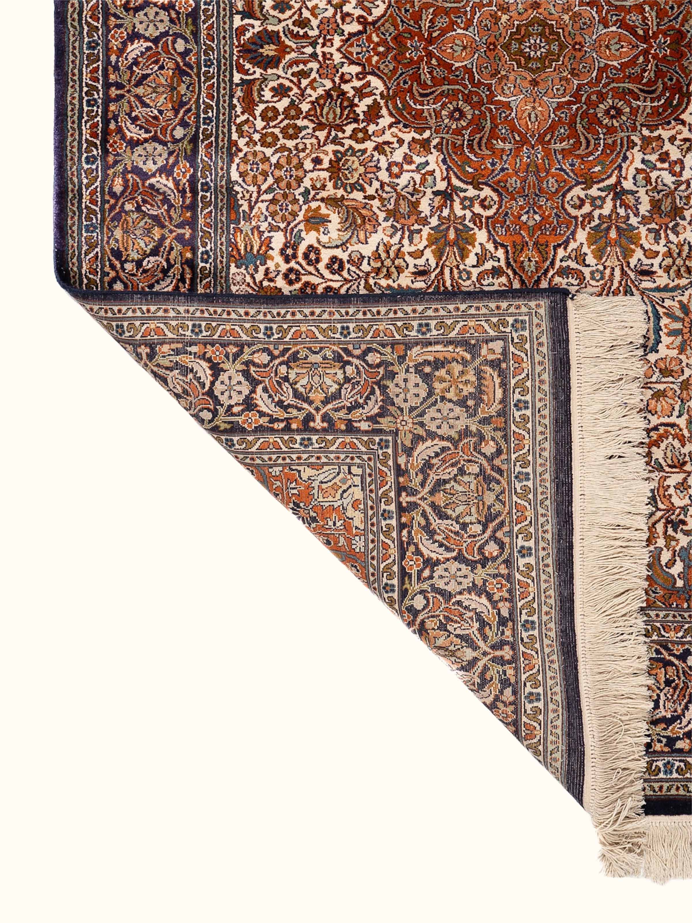Traditional Persian Ivory Rust Kashan Kashmir Silk Hand-Knotted Carpet