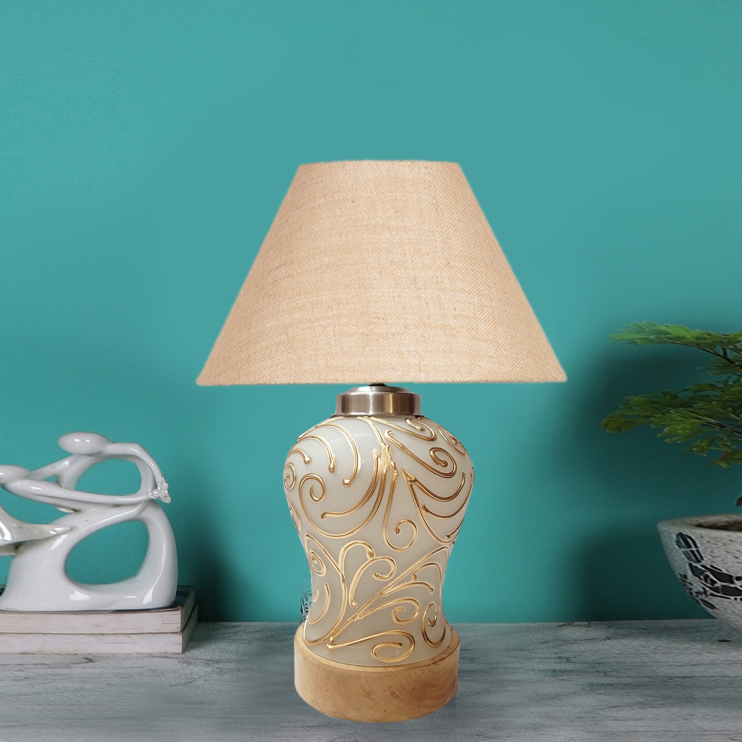 Devansh Conical  Beige Jute Shade  Lamp With  Wood & Mosaicglass Base For Decoration /Office/Home/Gifting/Study For Decoration /Office/Home/Gifting/Study -(10X10X14.5) Inches - - Devansh