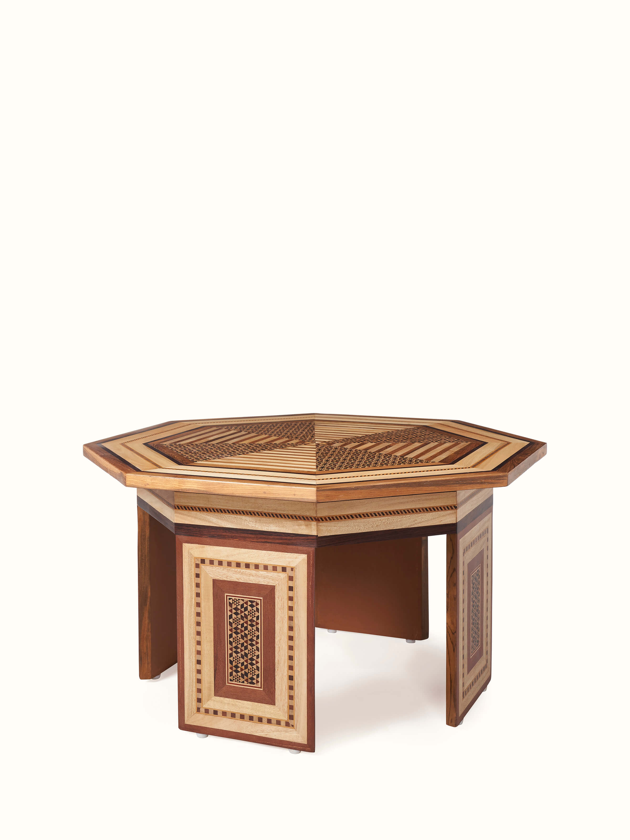 Front view of Teak Marquetry Coffee Table showcasing the detailed marquetry work and elegant design
