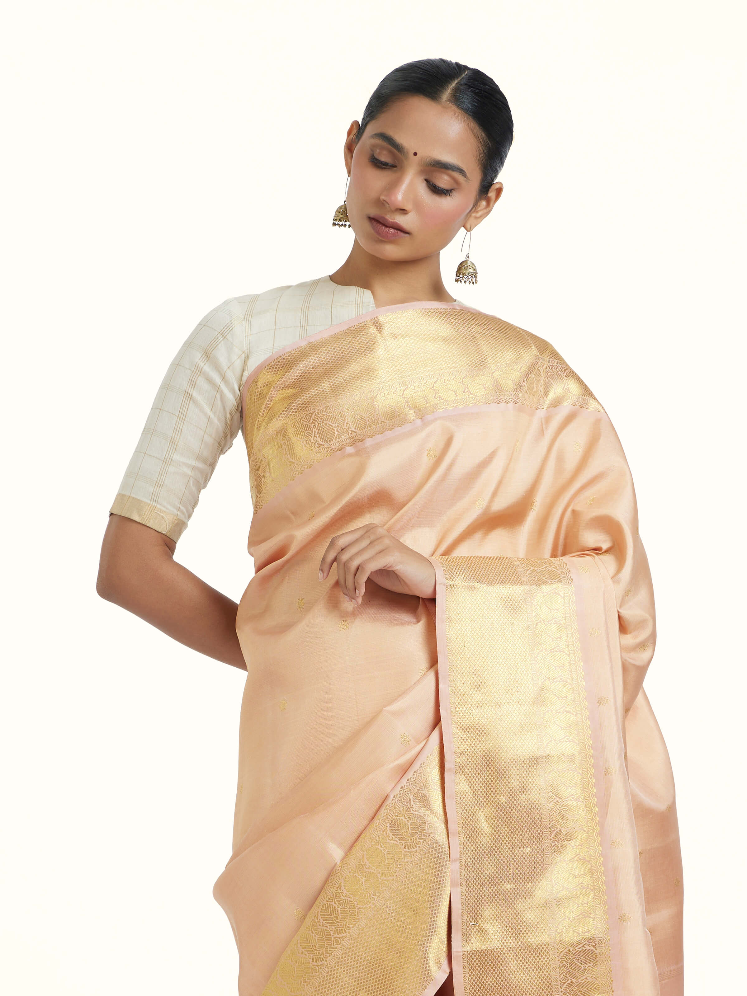 Peach Kancheepuram Silk Sari Zari Saree