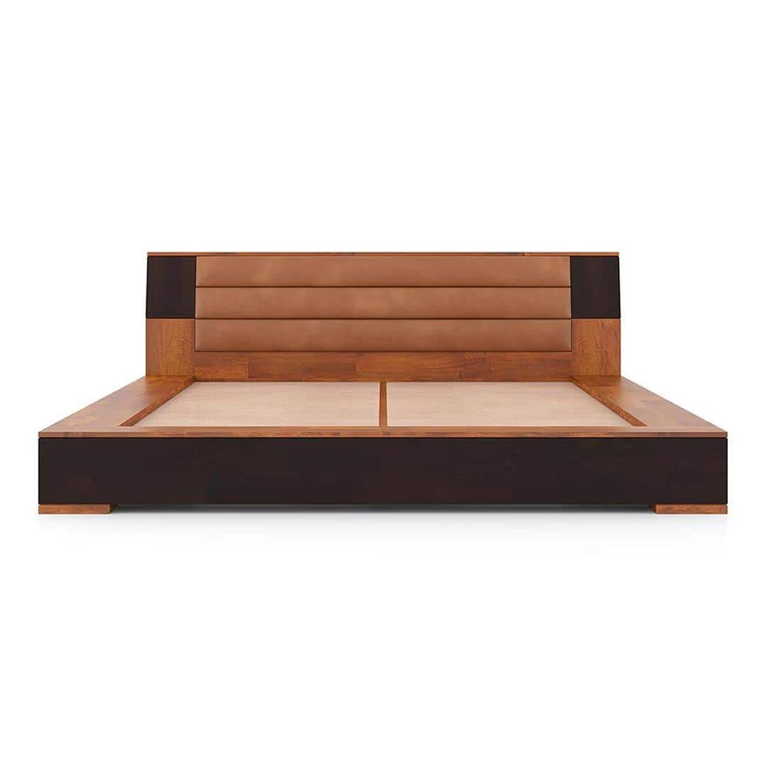 Mahe Solid Wood Queen Size Bed In Dual Tone With Tan Leatherette