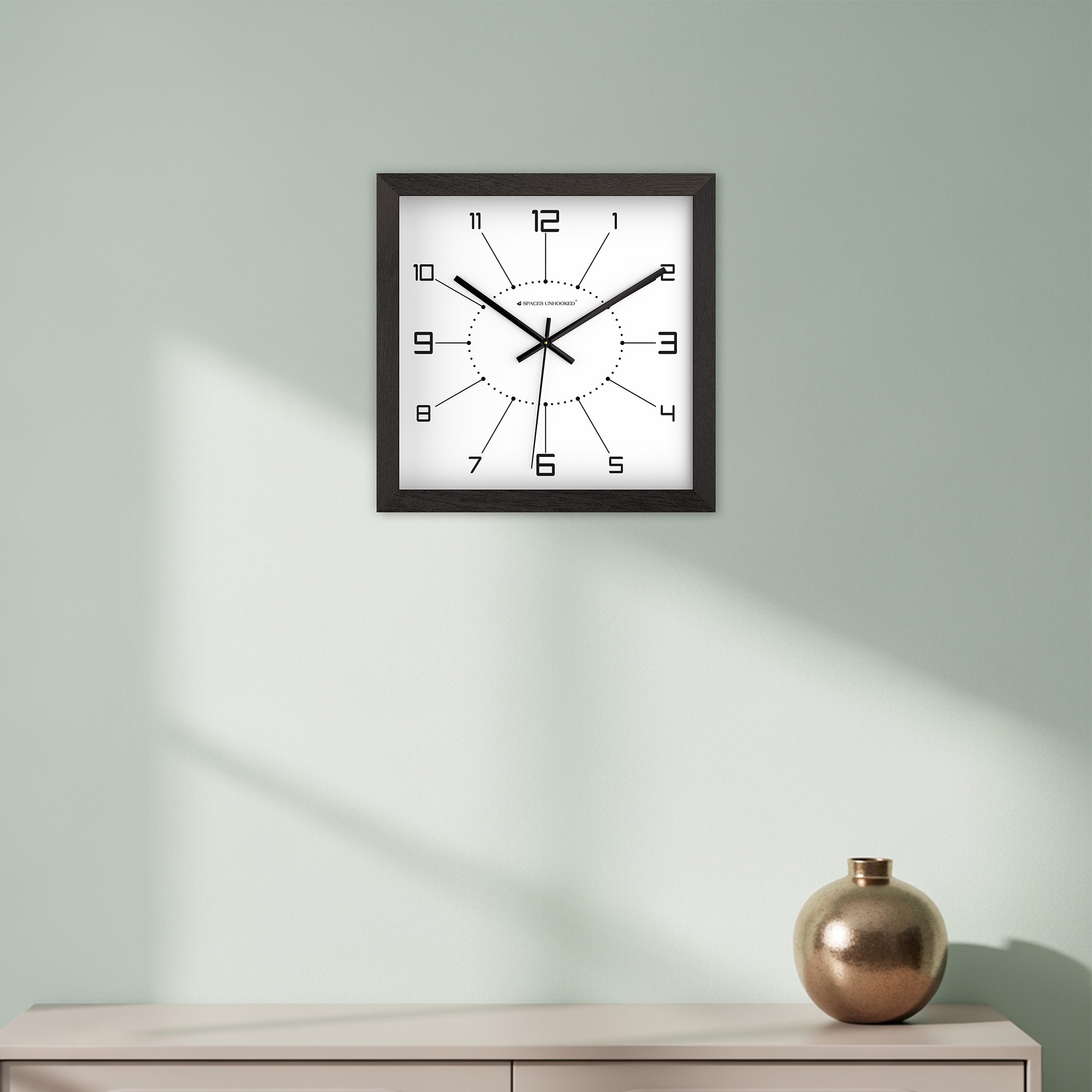 Spaces Unhooked Square Wooden Wall Clock, Black Frame, White Dial with Minimal Numeric Markers