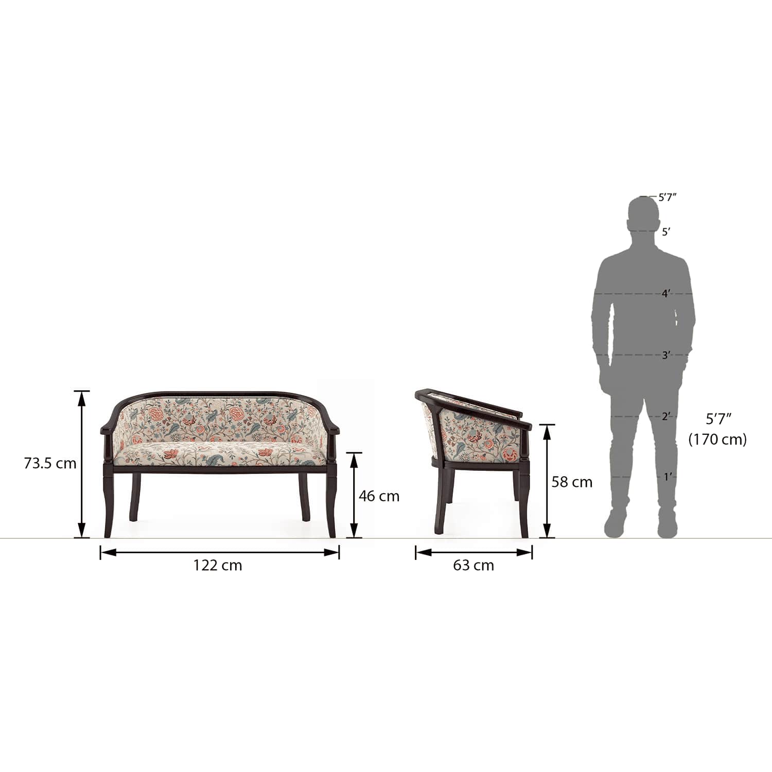 Florence Loveseat 2 Seater In Mahogany Finish With Calico Floral Retreat Fabric Colour