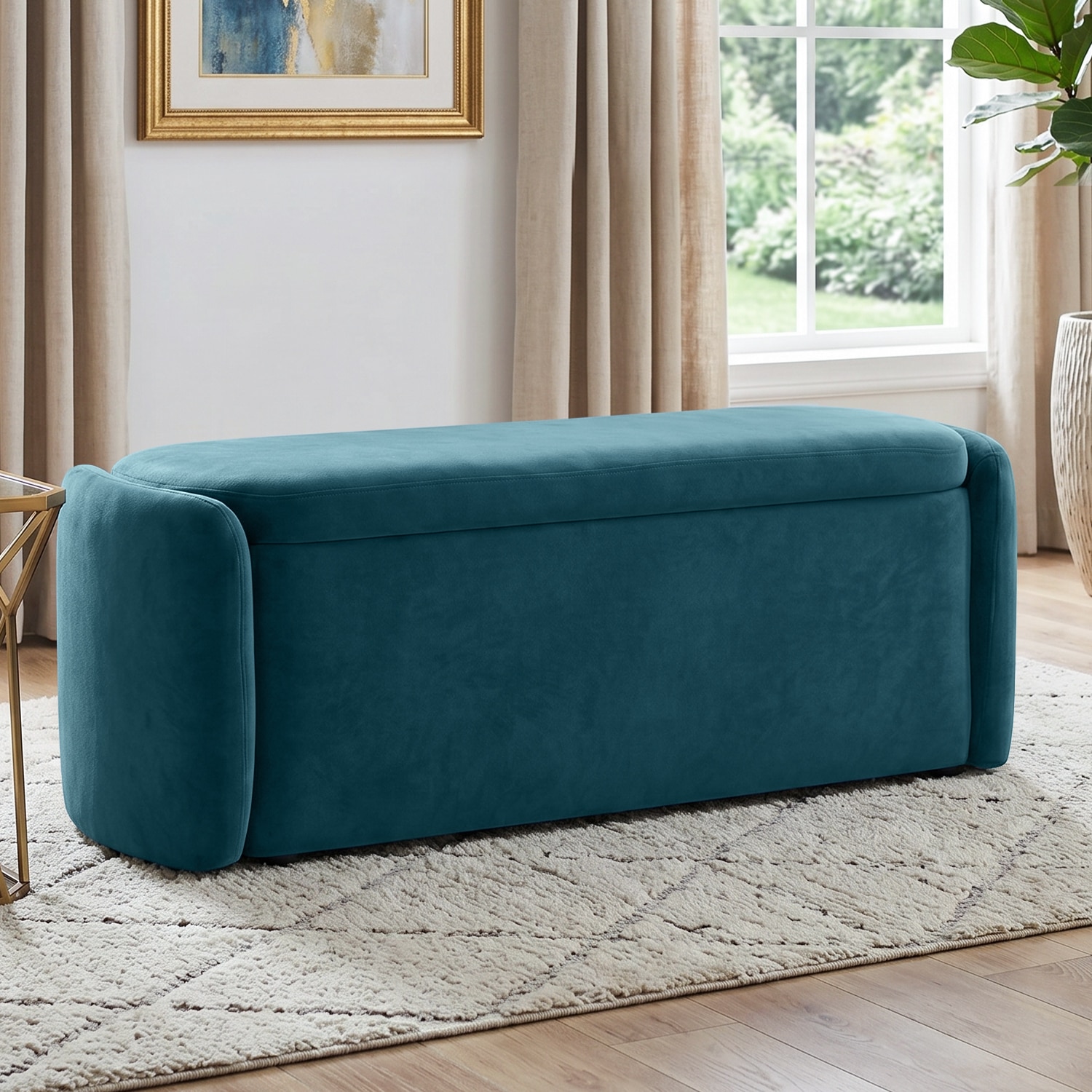 Risibol   Velvet 2 Seater Ottoman Bench  with Storage  in T Blue  Color - Home Lifestylez