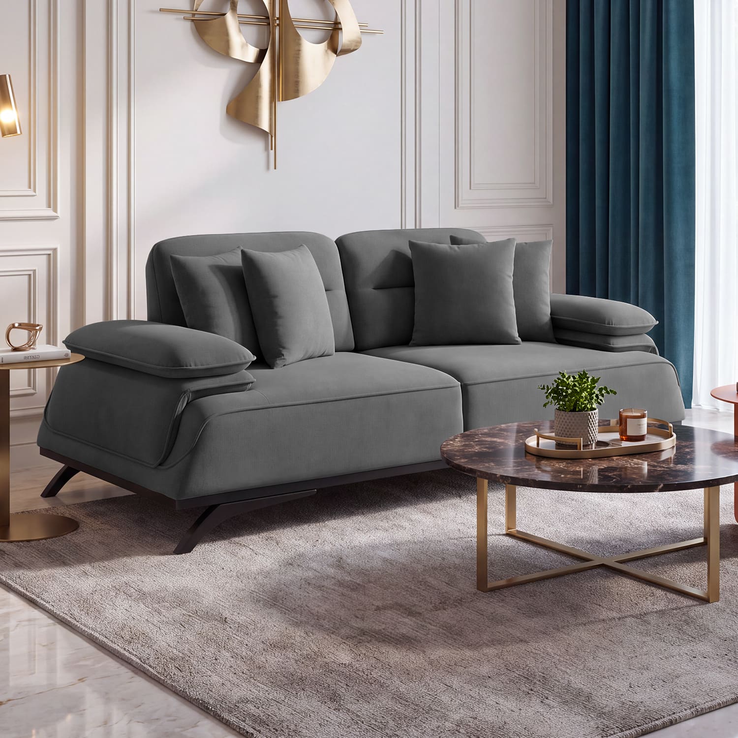 Cresto Velvet 2 Seater Sofa in Dark Grey Color