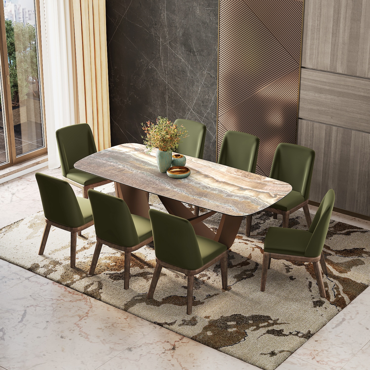Paloma Engineered Wood 8 Seater Dining Table With Anderson Dining Chairs in Deep Olive Velvet Colour