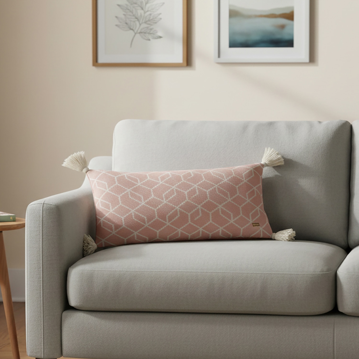 Trellis Blush Pink And Natural Cotton Pillow Cover 12X20 Inches