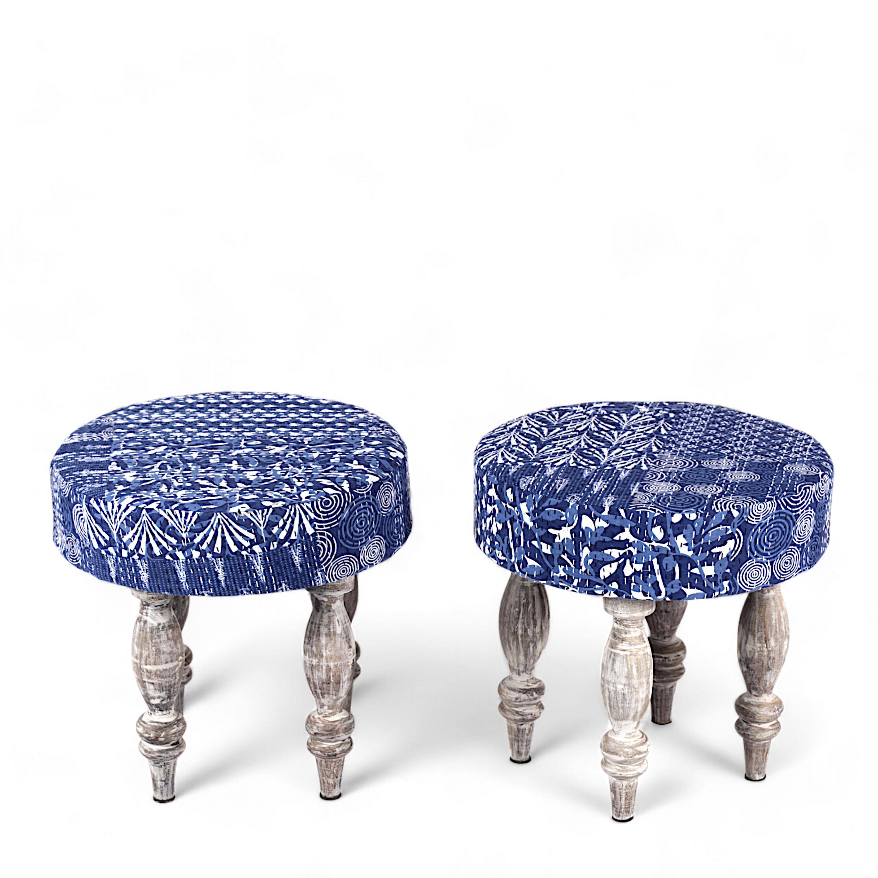 Cairo Sheesham Wood Mid Century 3+1+1 Seater Bench Set With 2 Stools In Indigo Patchwork Kantha