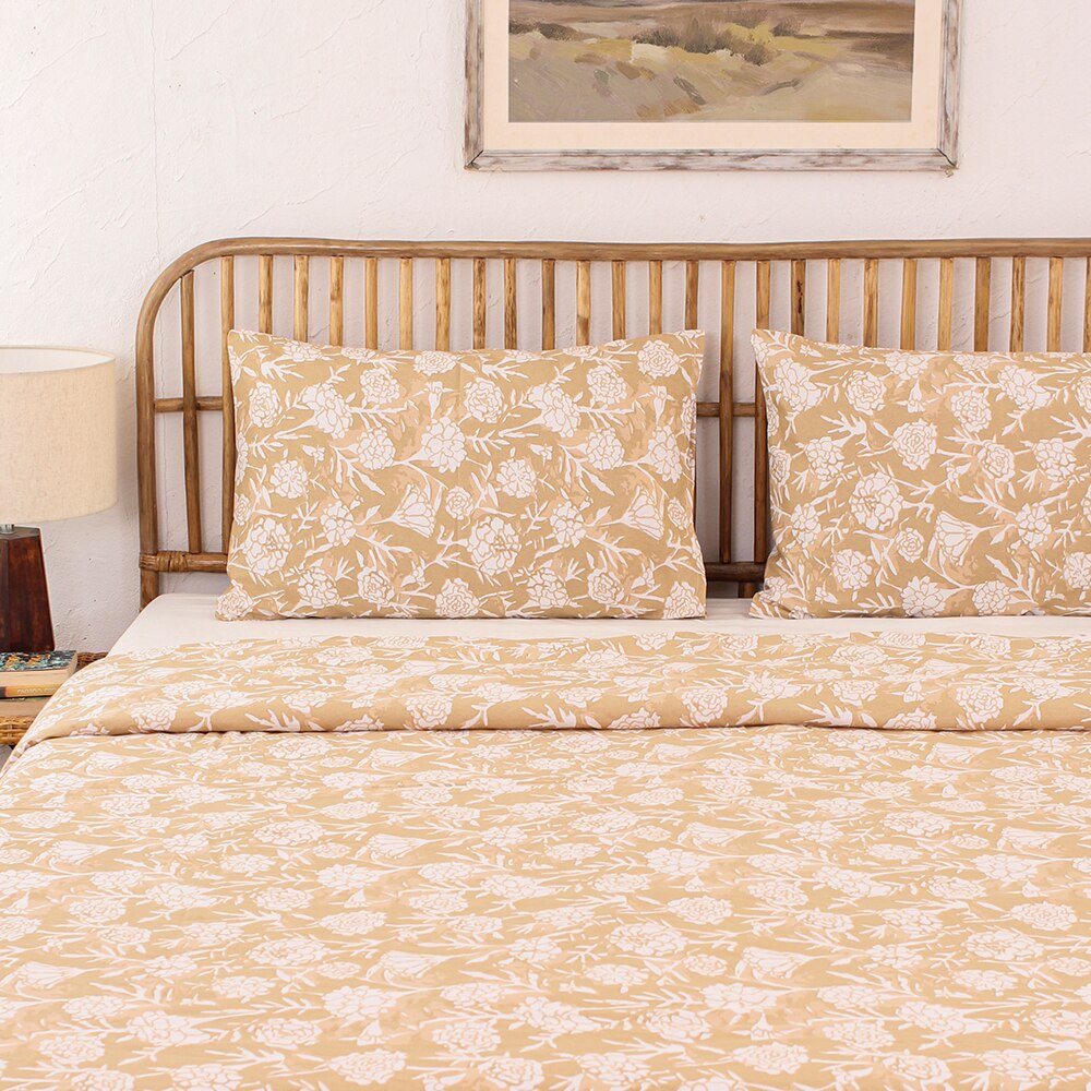 Genda Phool 1 Double Bed Sheet & 2 Pillow Covers + 1 Double Dohar with Beige colour