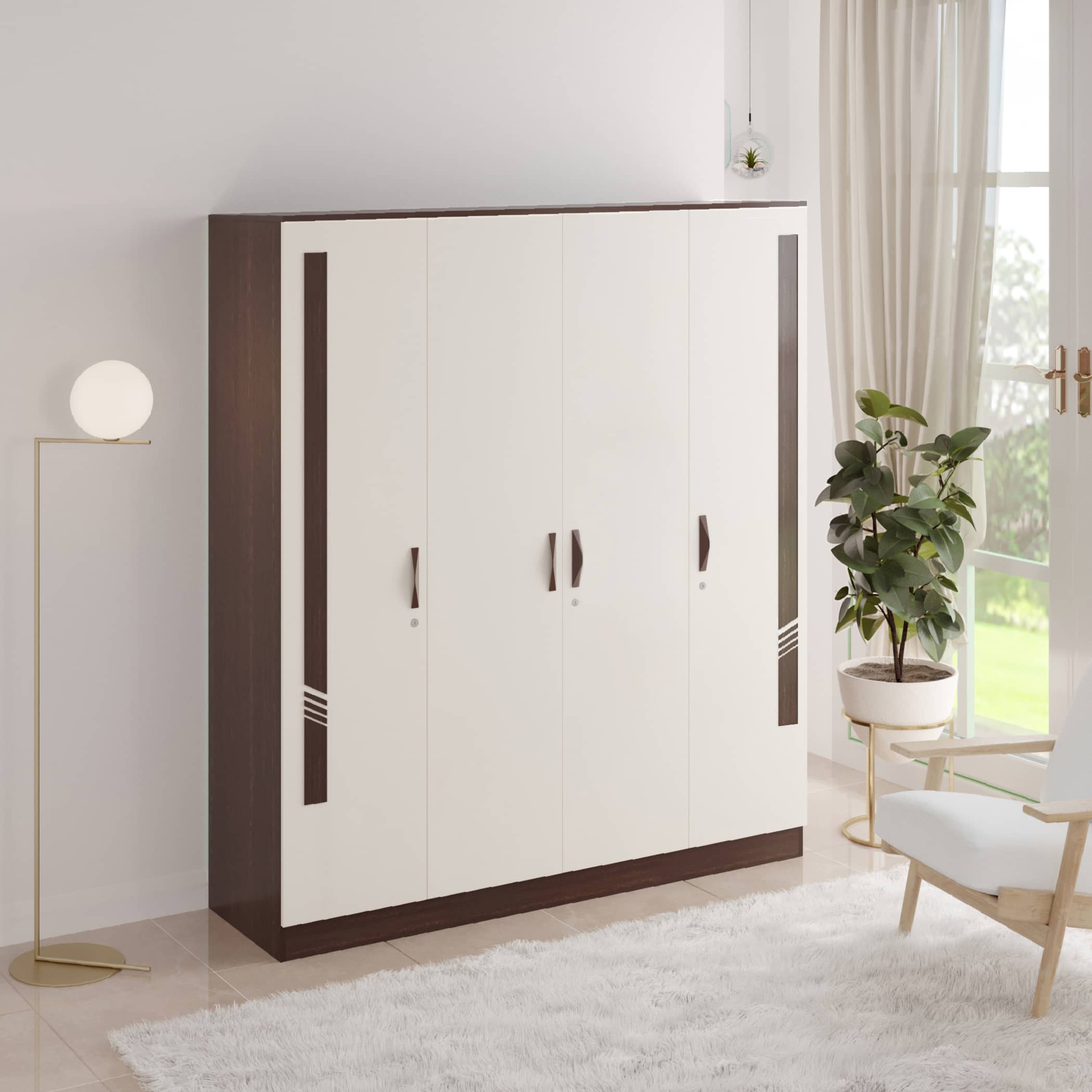 BLUEWUD Andrie Engineered Wood 4 Door Wardrobe/Clothes Storage Rack Organizer Almirah Cupboard with Hanger Rod Drawers and Shelves for Bedroom Home Furniture (Without Mirror, Wenge & White)