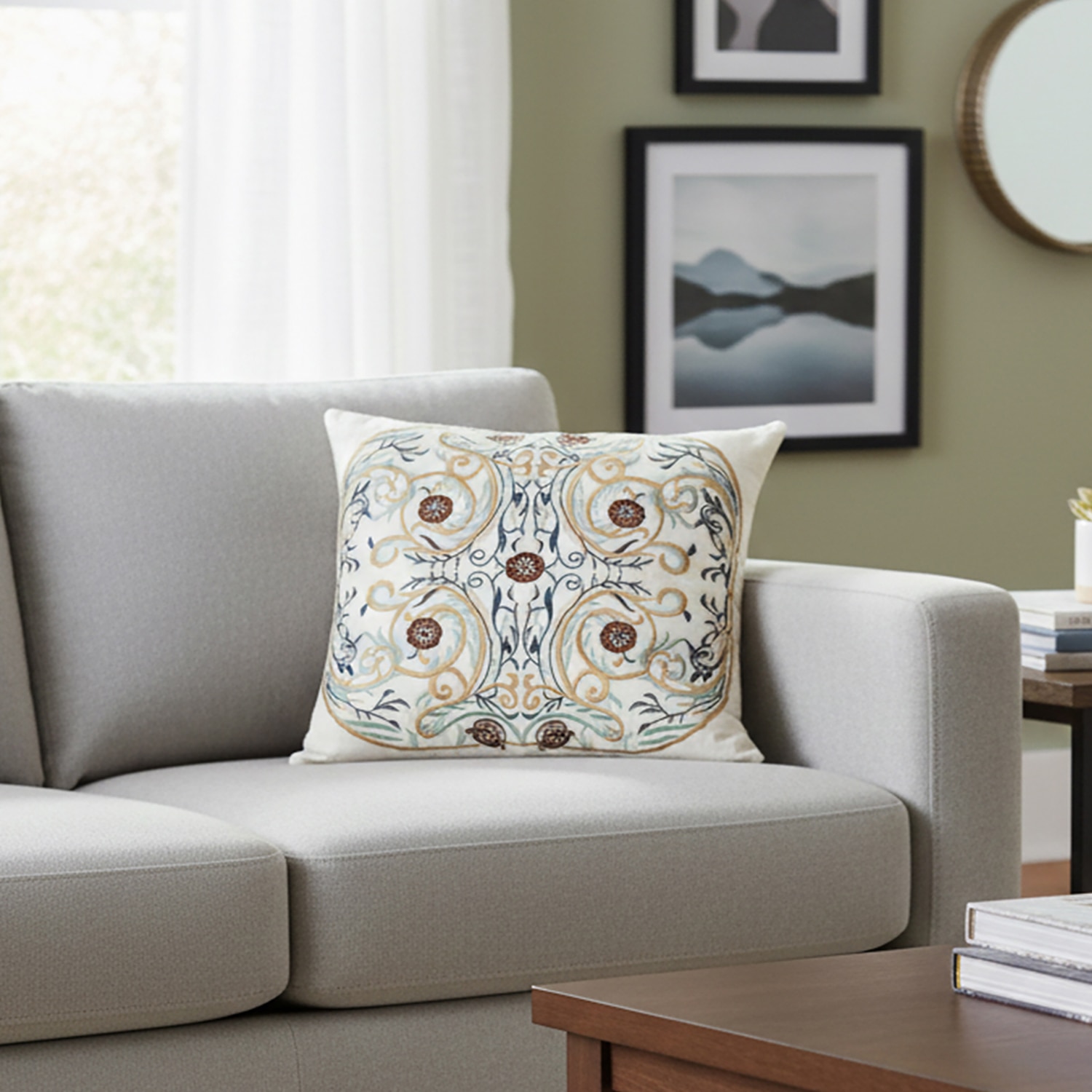 Ozaan Ivory Embroidered Linen Cushion Cover 18X18 Inches - Pluchi