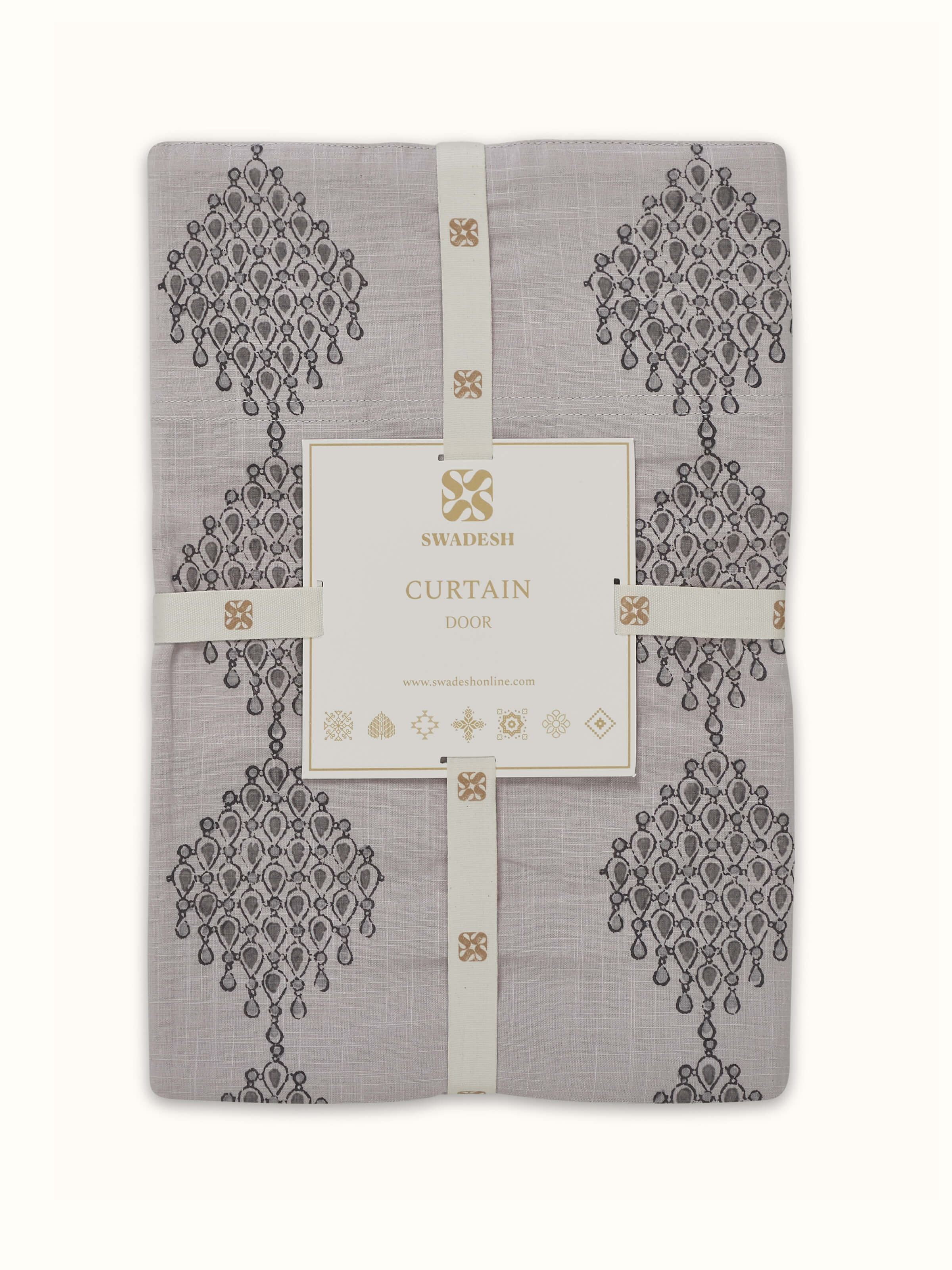 Side detail showing curtain fall and print quality – Rambagh geo diamond block printed cotton