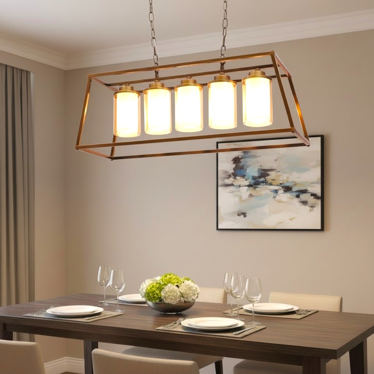 Eliante Hanging Light, Champaign Glass Shade, Mild Steel, 5 Bulbs – Modern Pendant Lighting