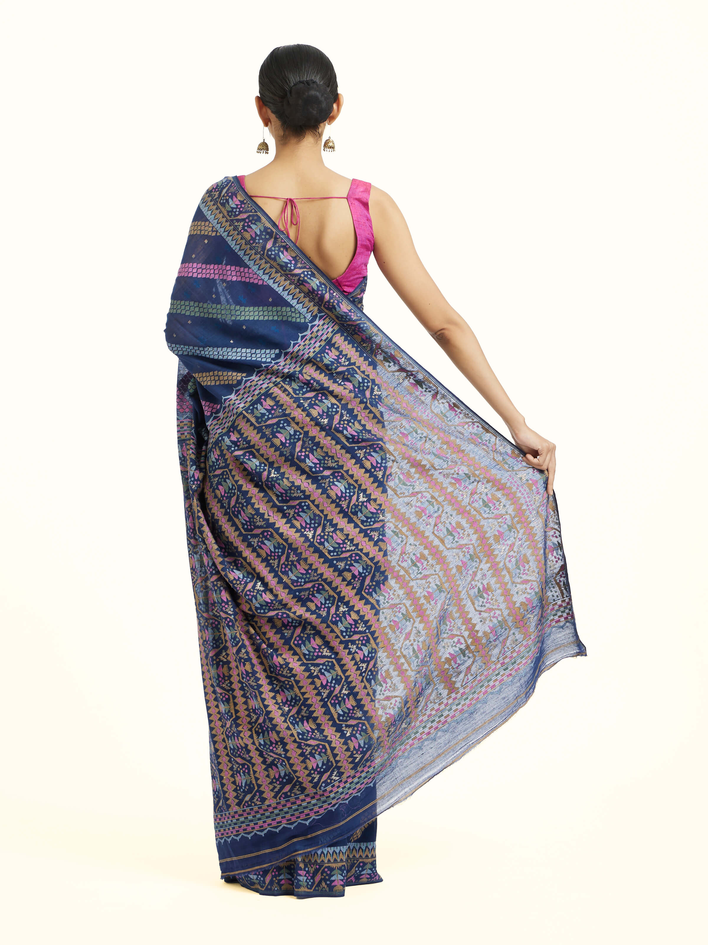 Back view of indigo cotton Bengal Jamdani saree displaying pallu design