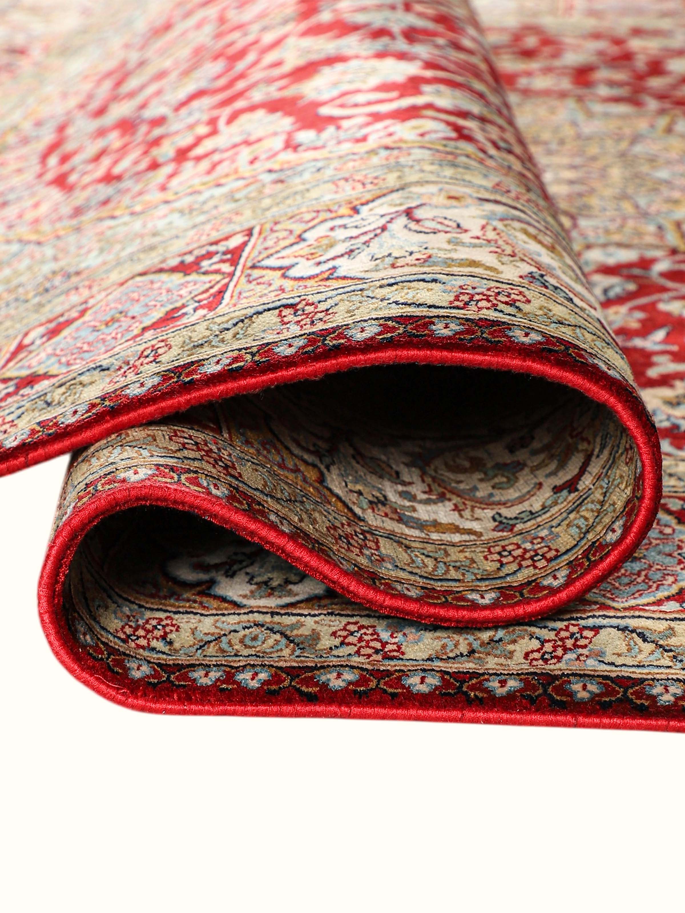 Traditional Persian Red Ivory Kerman Kashmir Silk Hand-Knotted Carpet