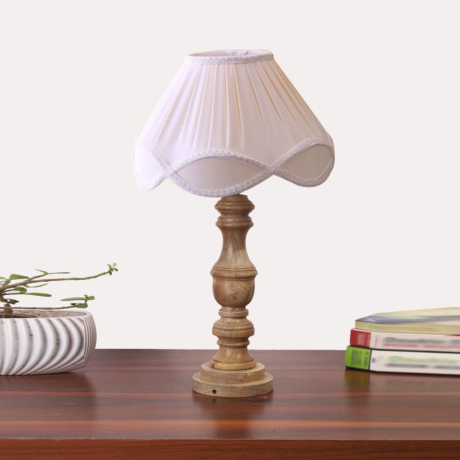 Devansh Off-White Cotton Vintage  Lamp With Wood Base (12X20) - Devansh