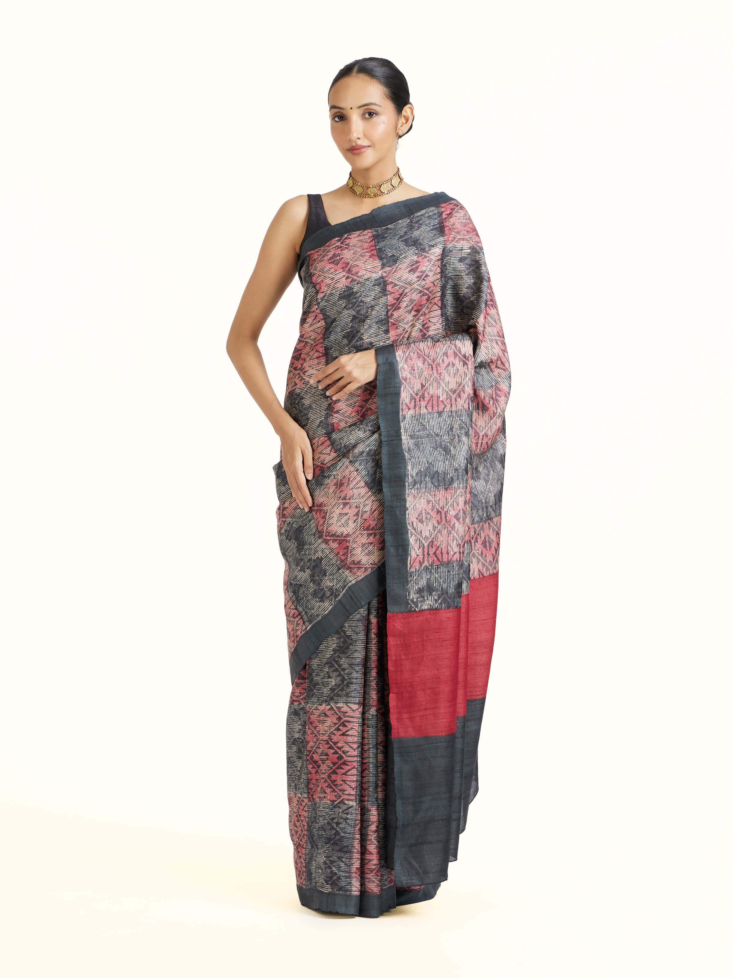 Black Tussar Silk Discharge Block Printed Saree