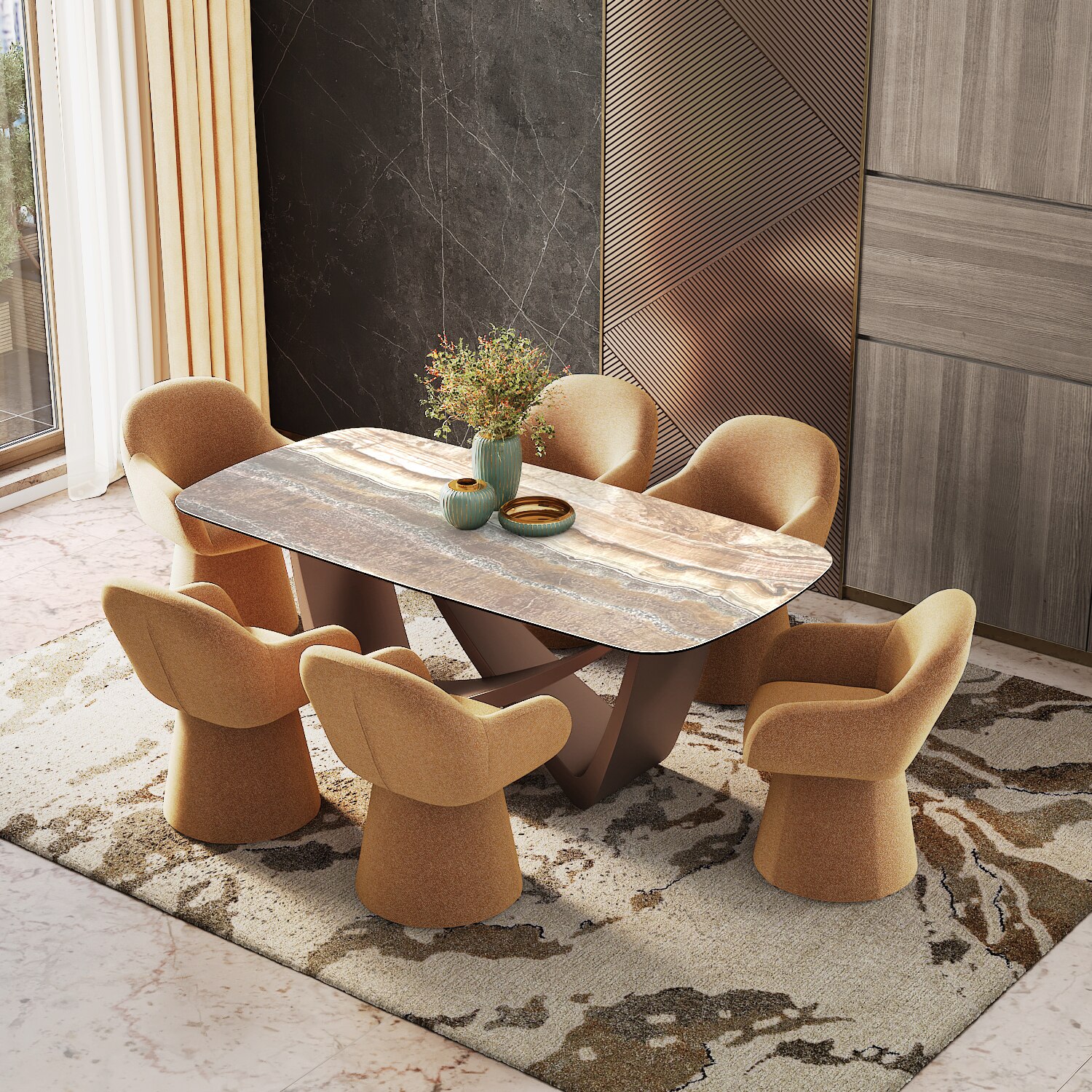 Paloma 6 Seater Jupiter Spanish Ceramic Dining Table With 6 Selene Chairs (Finish : Jupiter Spanish Ceramic, Chair Colour : Mustard)