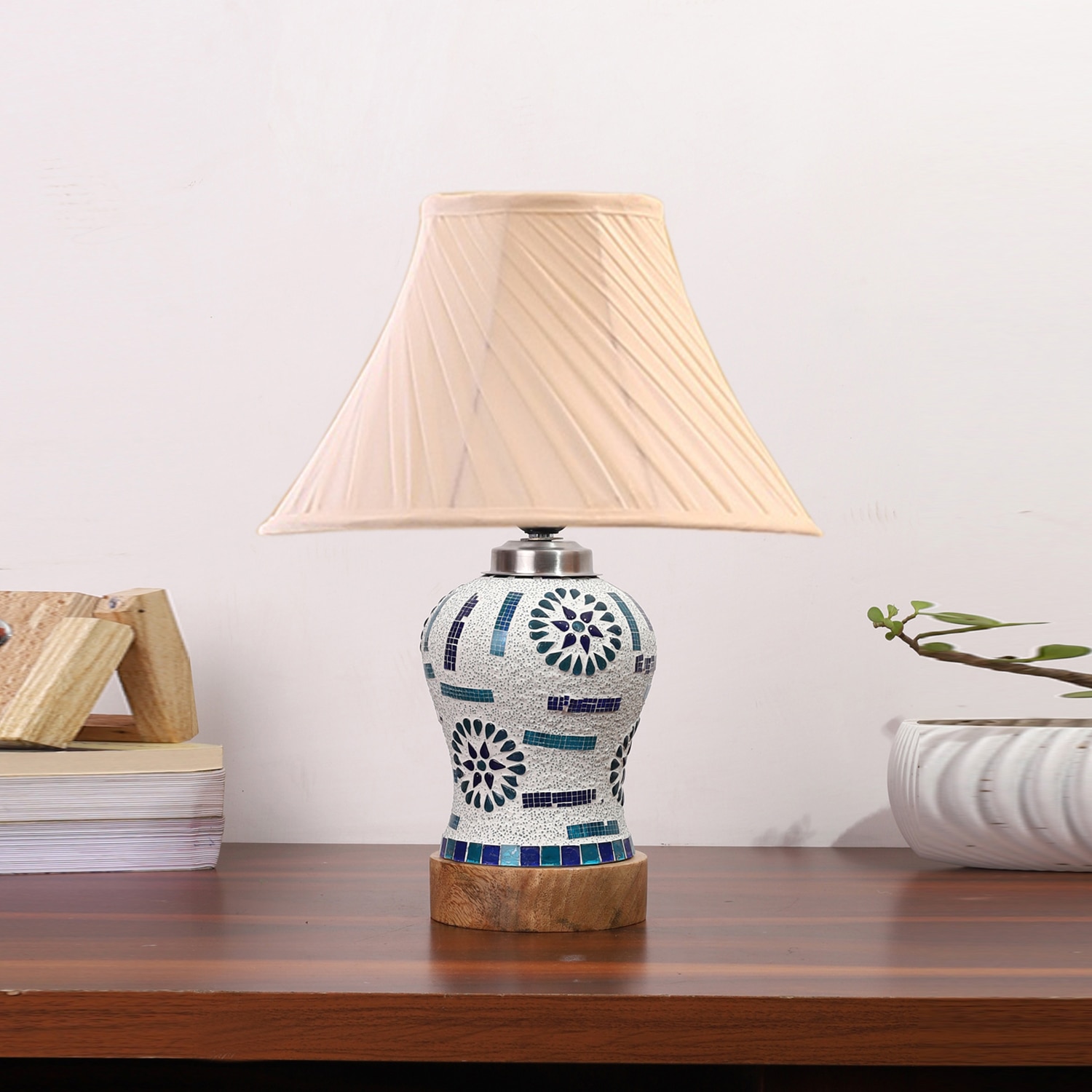 Devansh Off-White Cotton Shade Cross Pleated Lamp With Wood & Mosaic Glass Base For Decoration/Office/Home/Gifting/Study For Decoration/Office/Home/Gifting/Study - Devansh