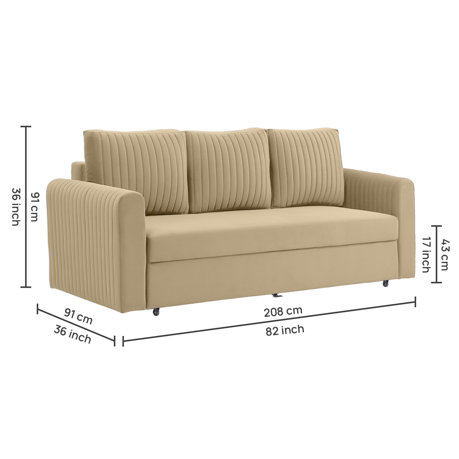Melano 3 Seater Velvet Pull-Out Sofa Cum Bed in Beige colour