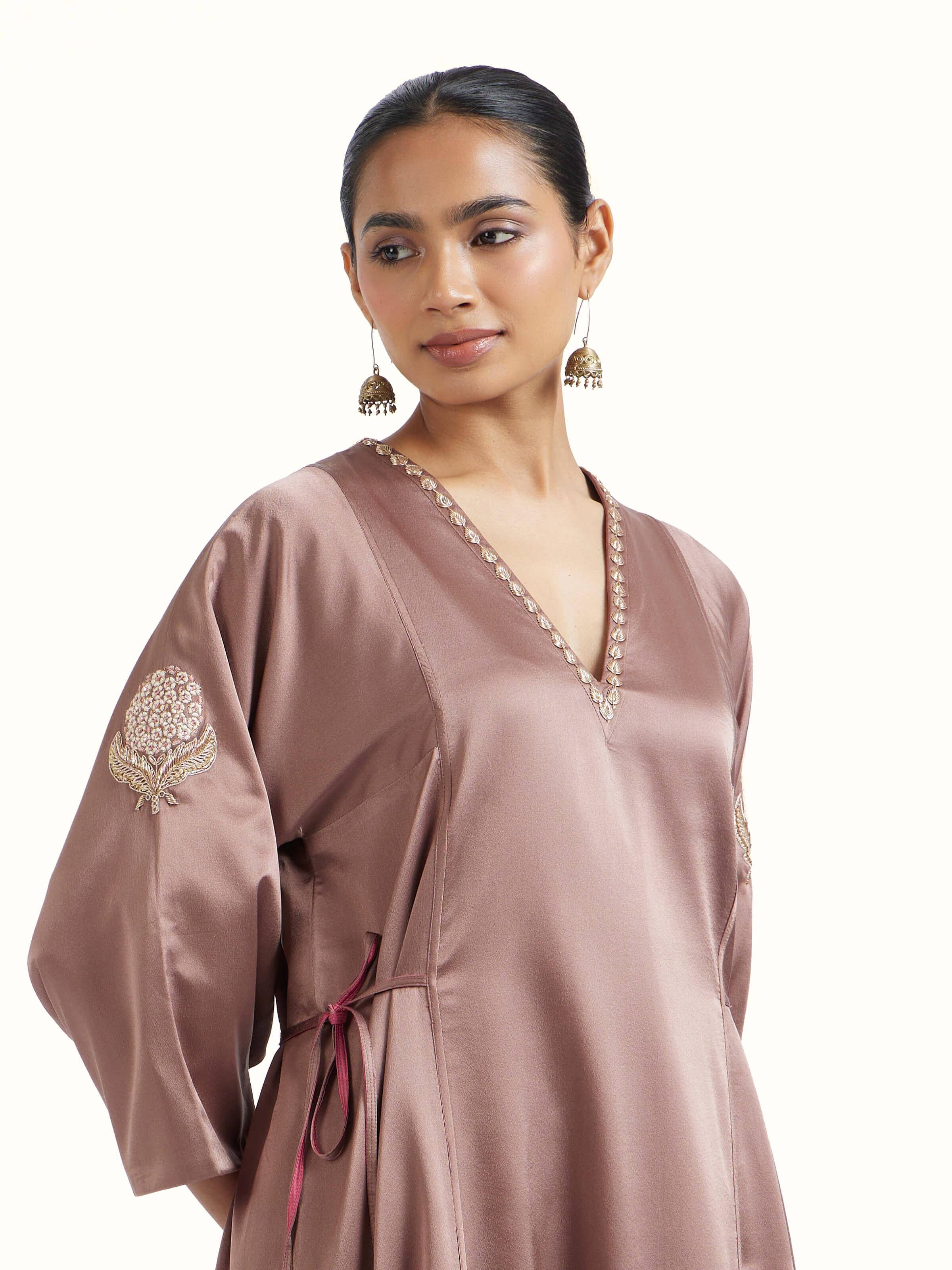 Angled view of brown silk Banarasi co-ord set showcasing handwoven detailing