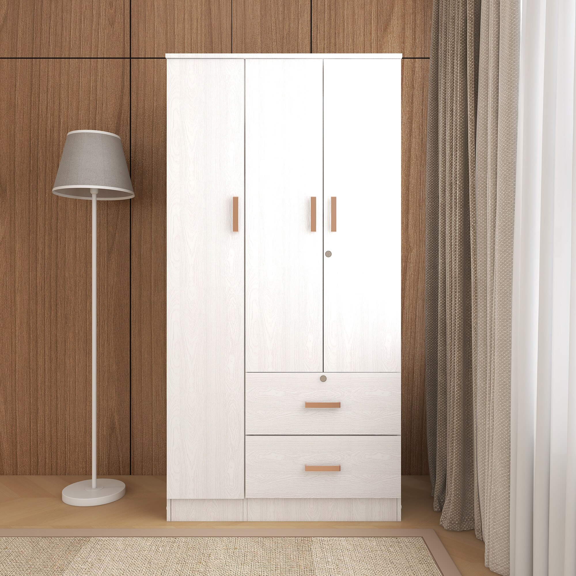 Ren 3 Door Engineered Wood Wardrobe in Silver Oak Finish