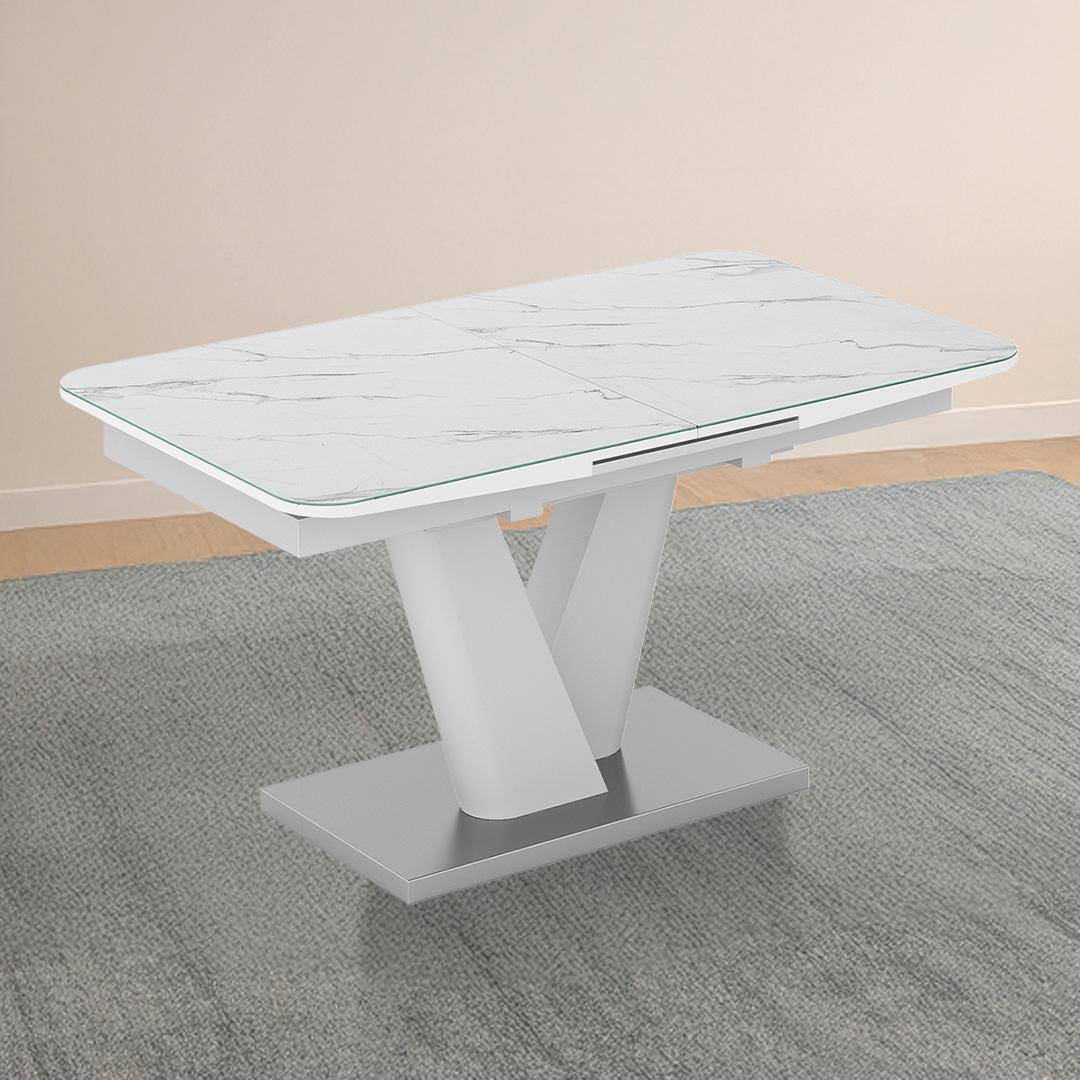 Caribu 6 To 8 Extendable Dining Table In White Marble Color With High Gloss Finish