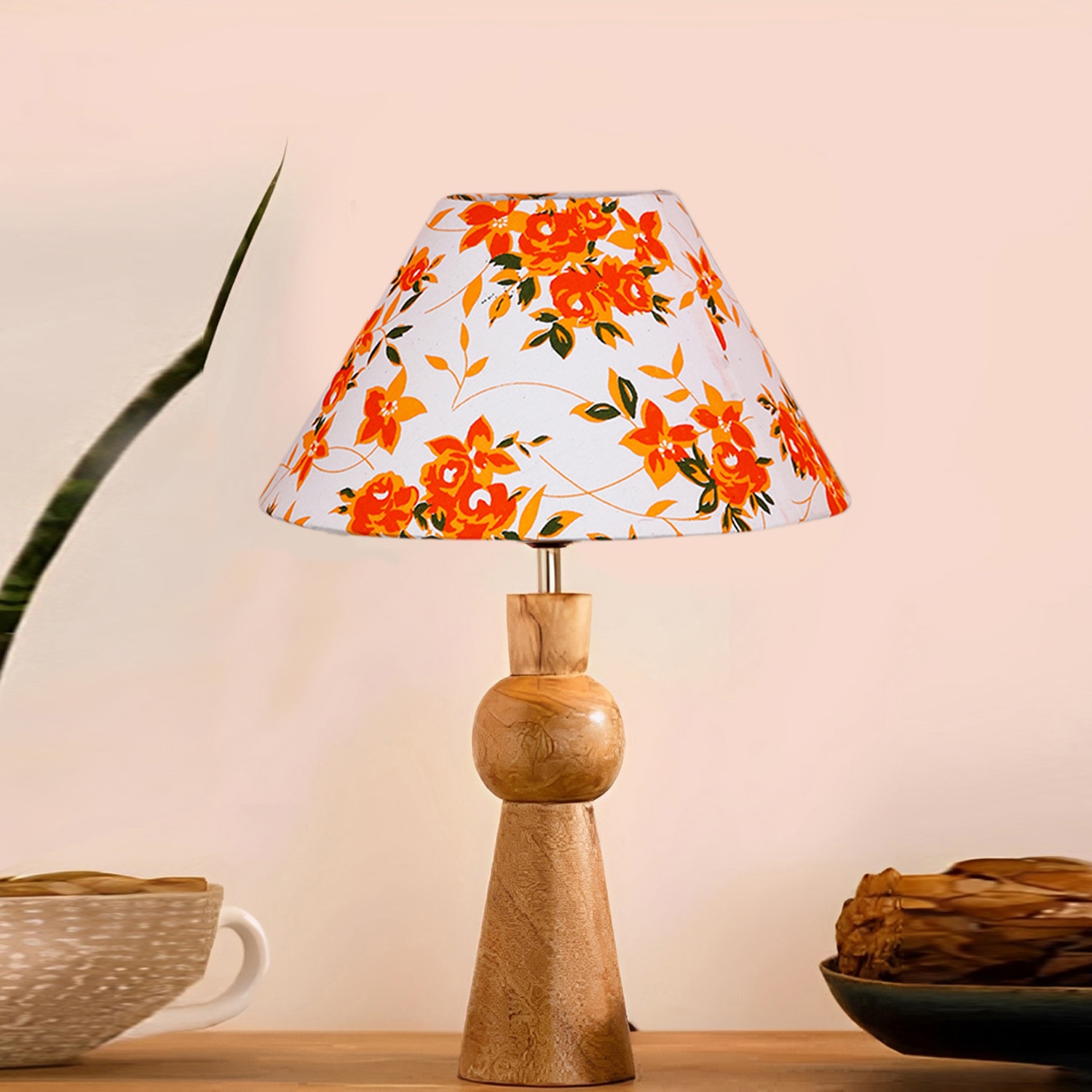 Devansh Multicolor Cotton Table Lamp With  Wood Natural Base (10X18 Inches)-39 - Devansh