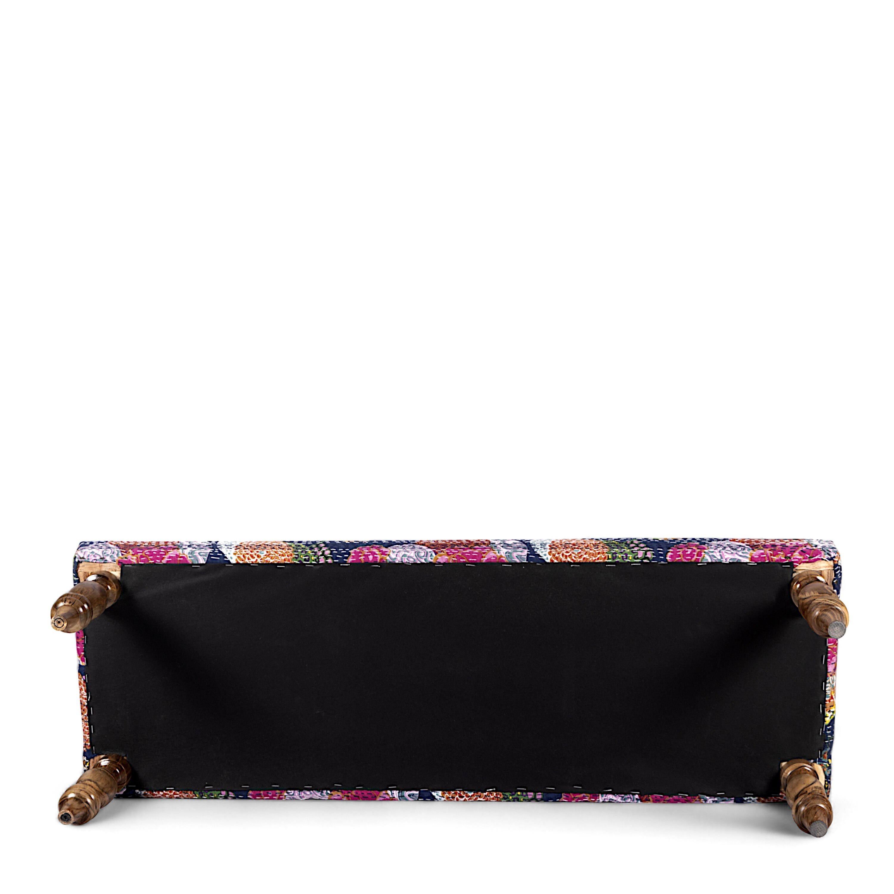 Cairo Sheesham Wood Mid Century 3 Seater Bench In Fruit Print Blue Kantha