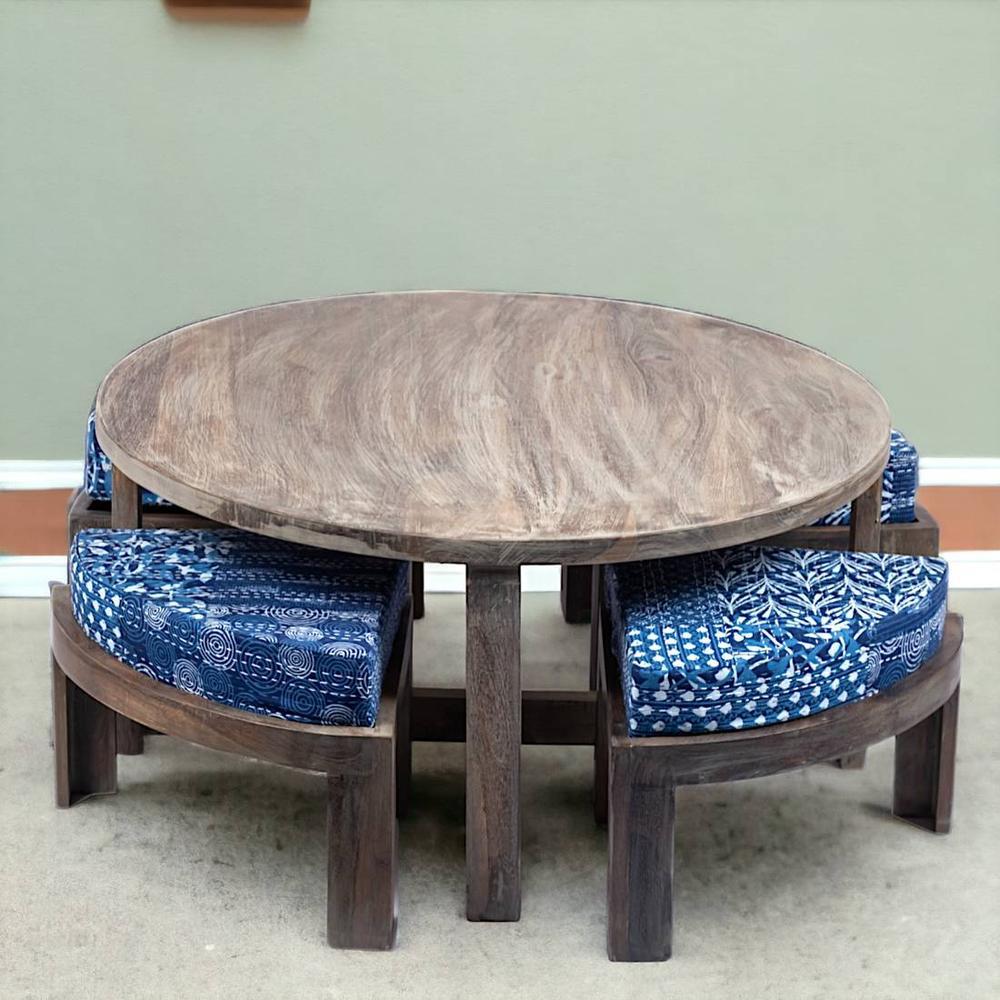 Nashville Sheesham Wood 4 Seater Coffee Table Set In Antique Grey Finish Indigo Patch Kantha Cushion
