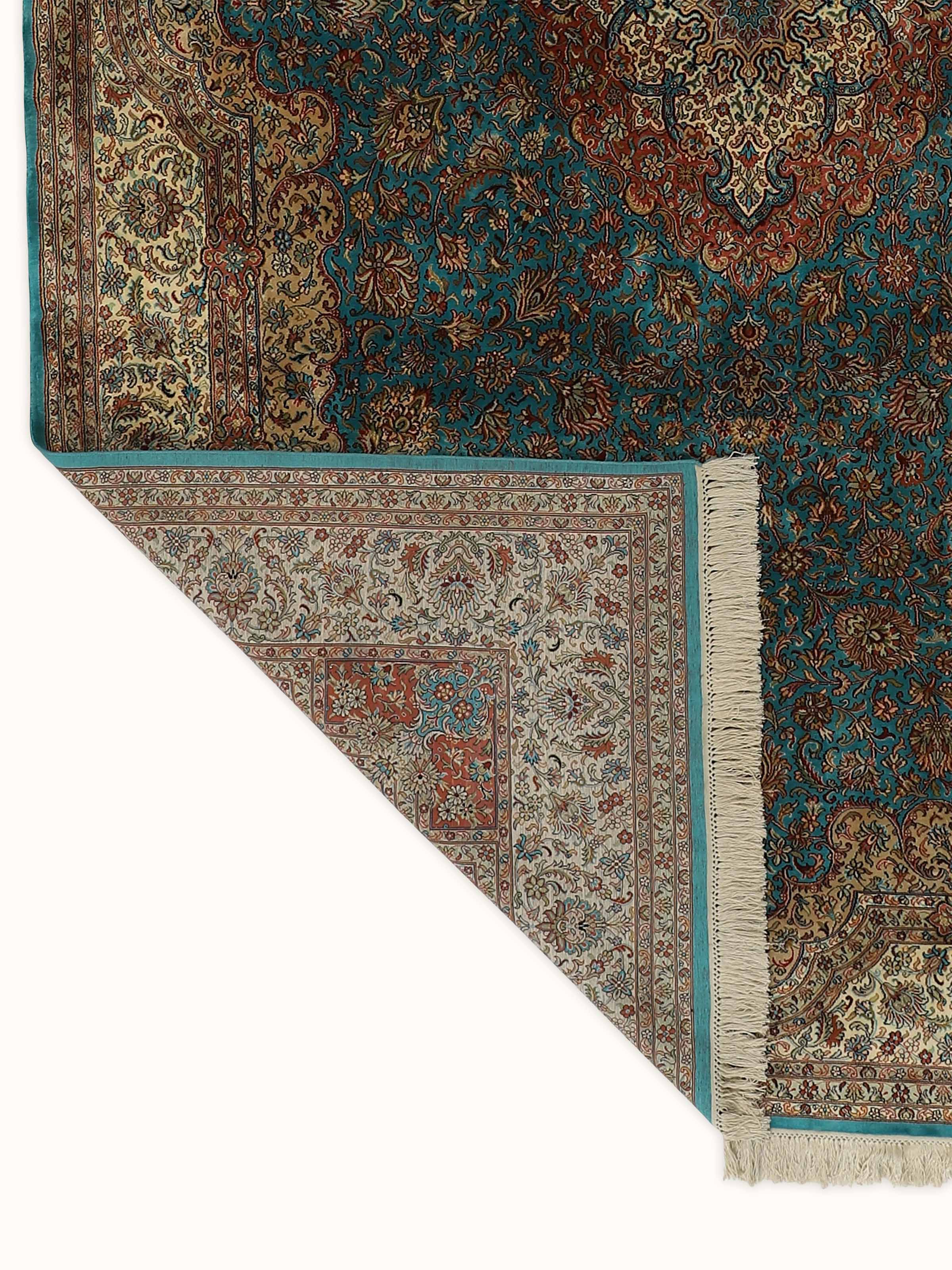 Traditional Persian Blue Tabriz Kashmir Silk Hand-knotted Rug