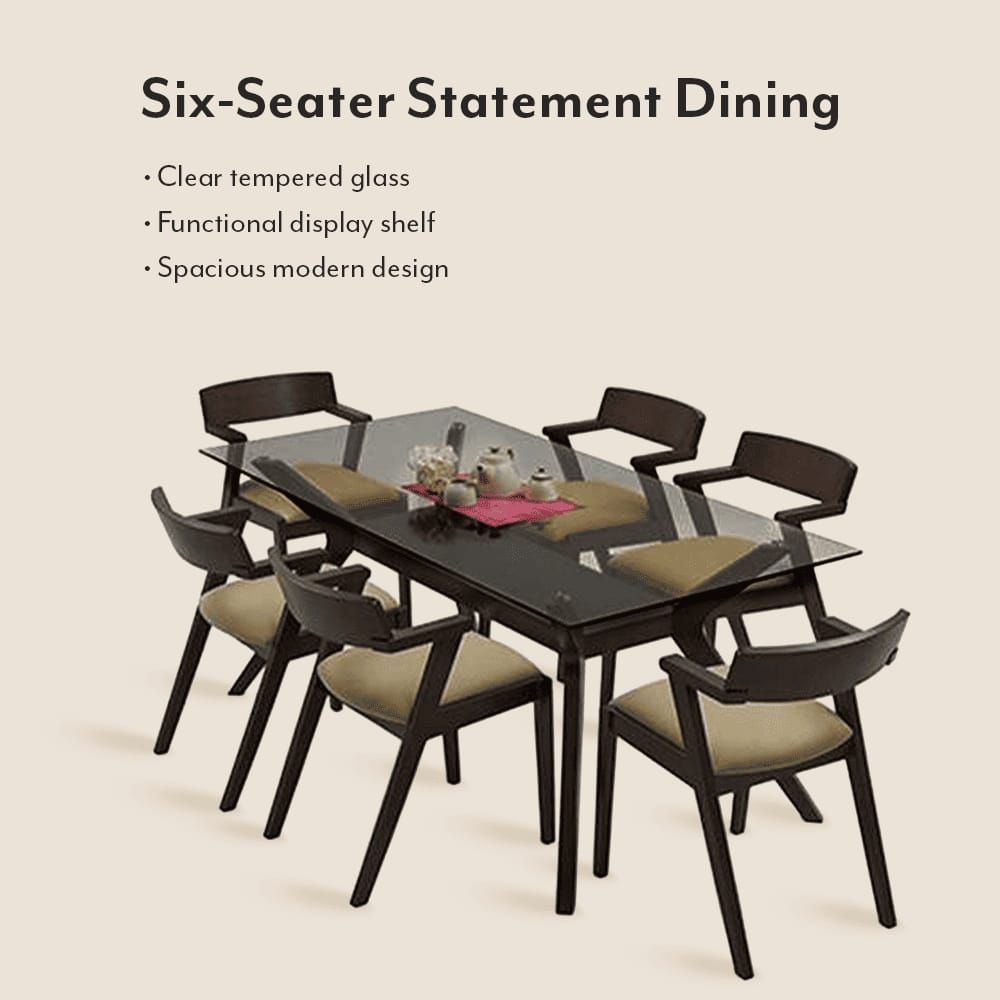 Wesley - Thomson 6 Seater Dining Table Set (Colour- Beige, Finish- Dark Walnut)