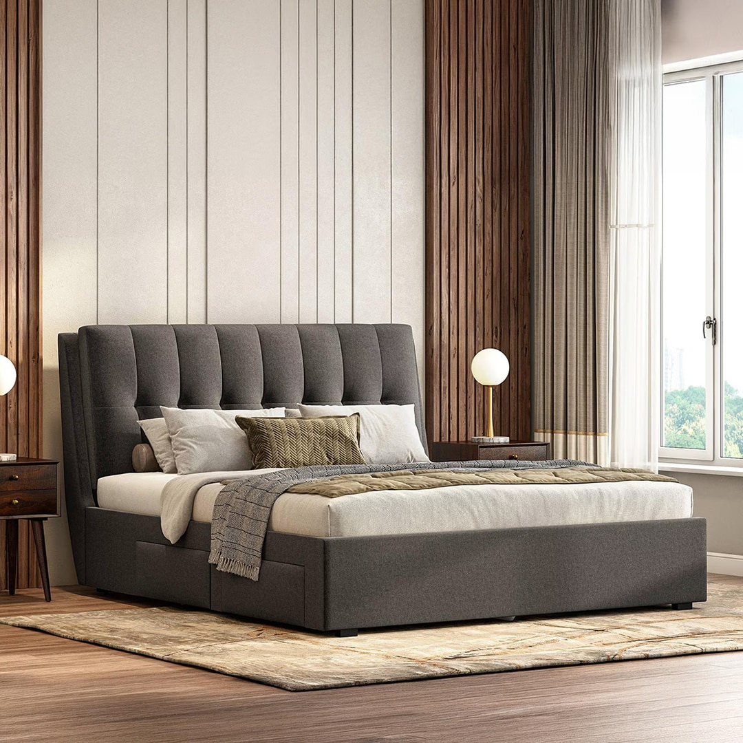 Bornholm Engineered Wood Queen Size Bed With Drawer Storage (Urban Grey Finish) - Urban Ladder